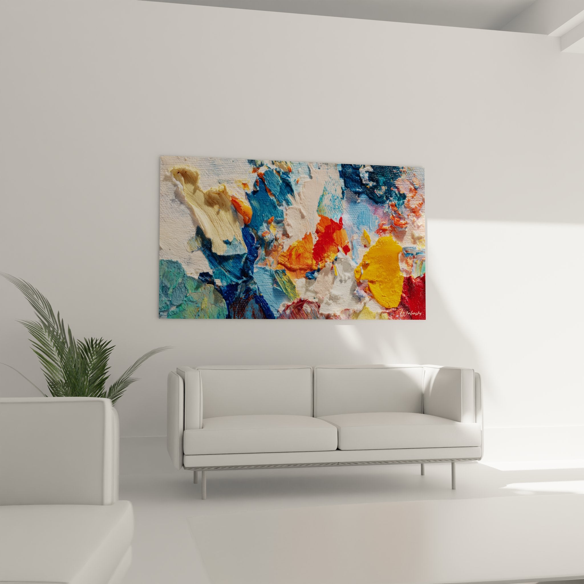 Gros plan texture palette peinture abstraite, empâtements colorés bleu orange détail artistique