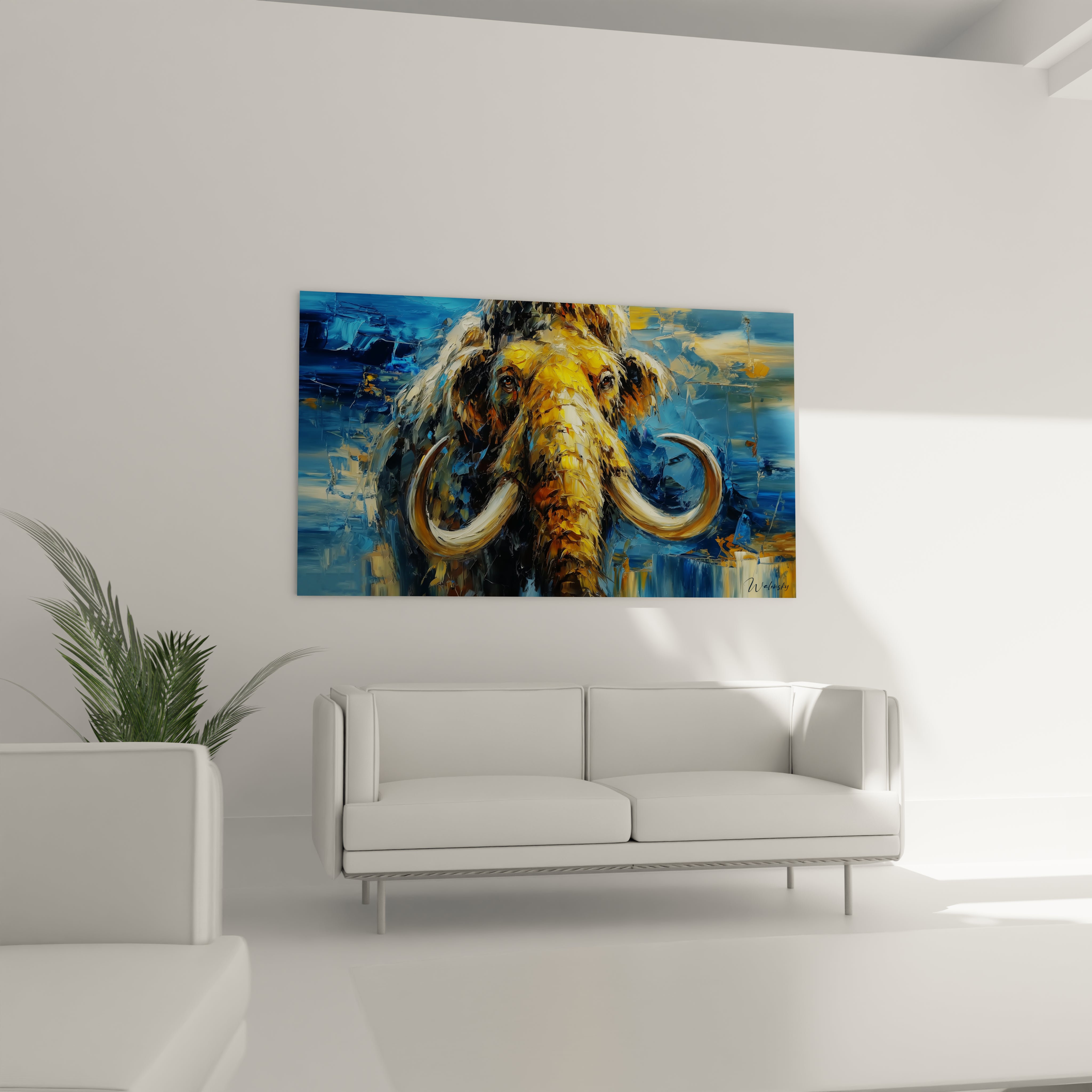 Gros plan texture peinture mammouth laineux coups pinceau expressifs détails fourrure dorée