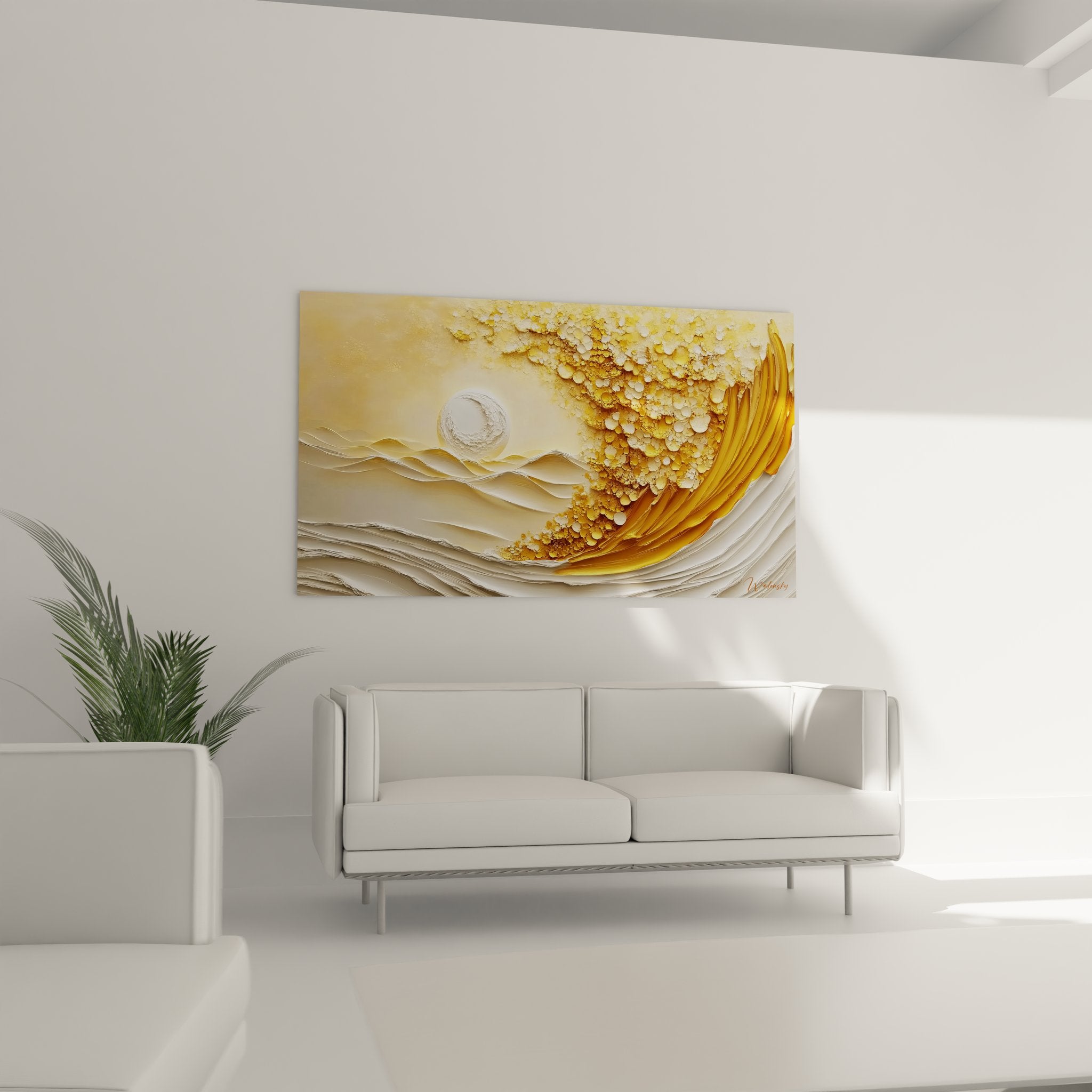 Gros plan texture relief dorée du tableau vague abstraite montrant les détails métalliques et la sphère