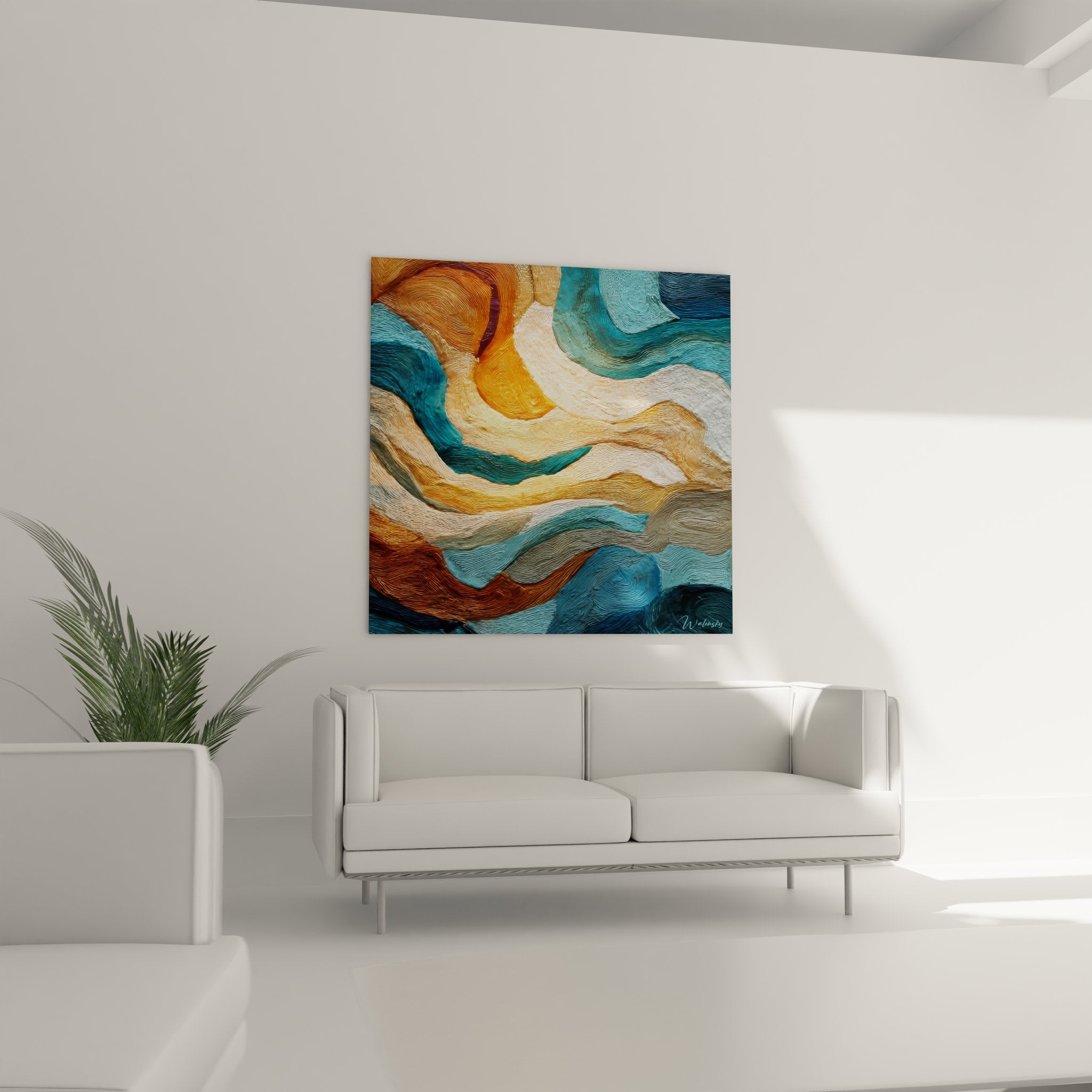 Gros plan textures en relief tableau abstrait révélant détails brushstrokes dorés et nuances turquoise