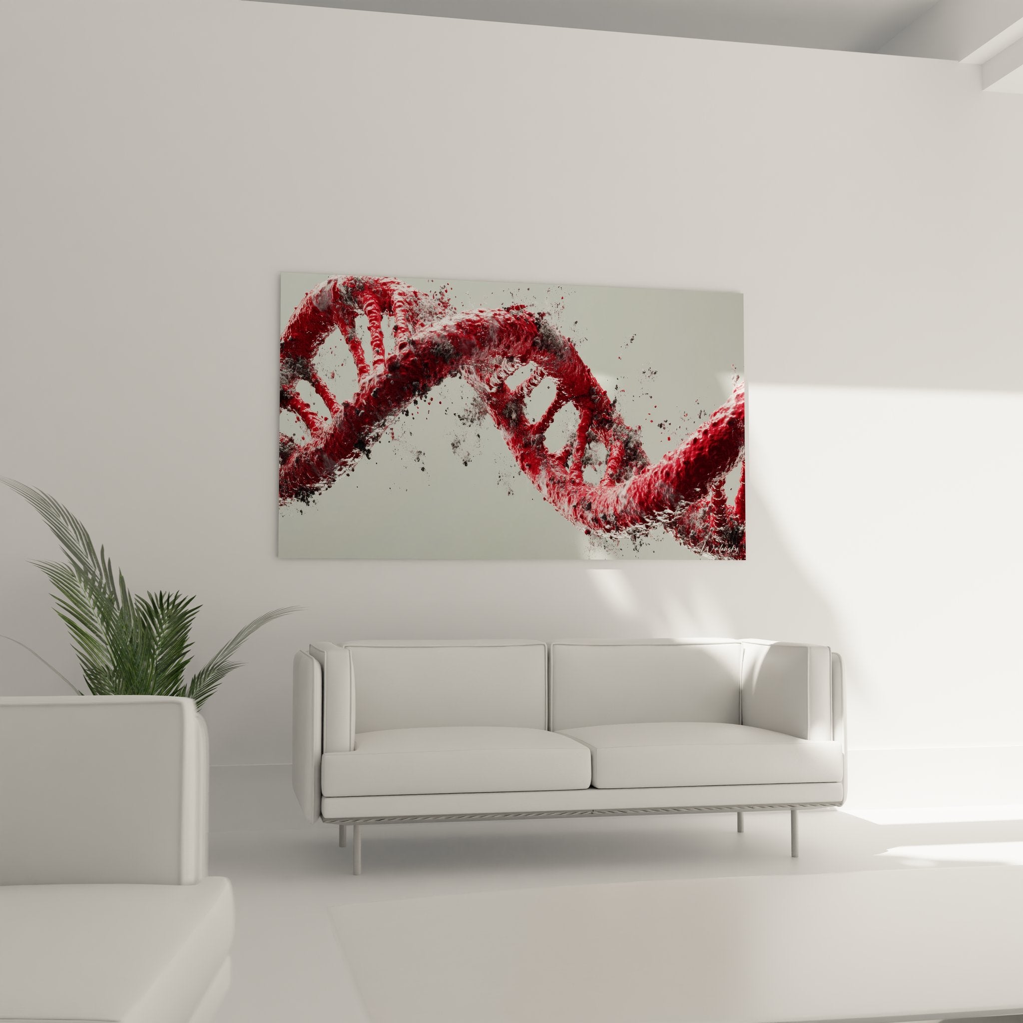 Gros plan détaillé texture tableau hélice ADN rouge, brushstrokes et matière artistique visible