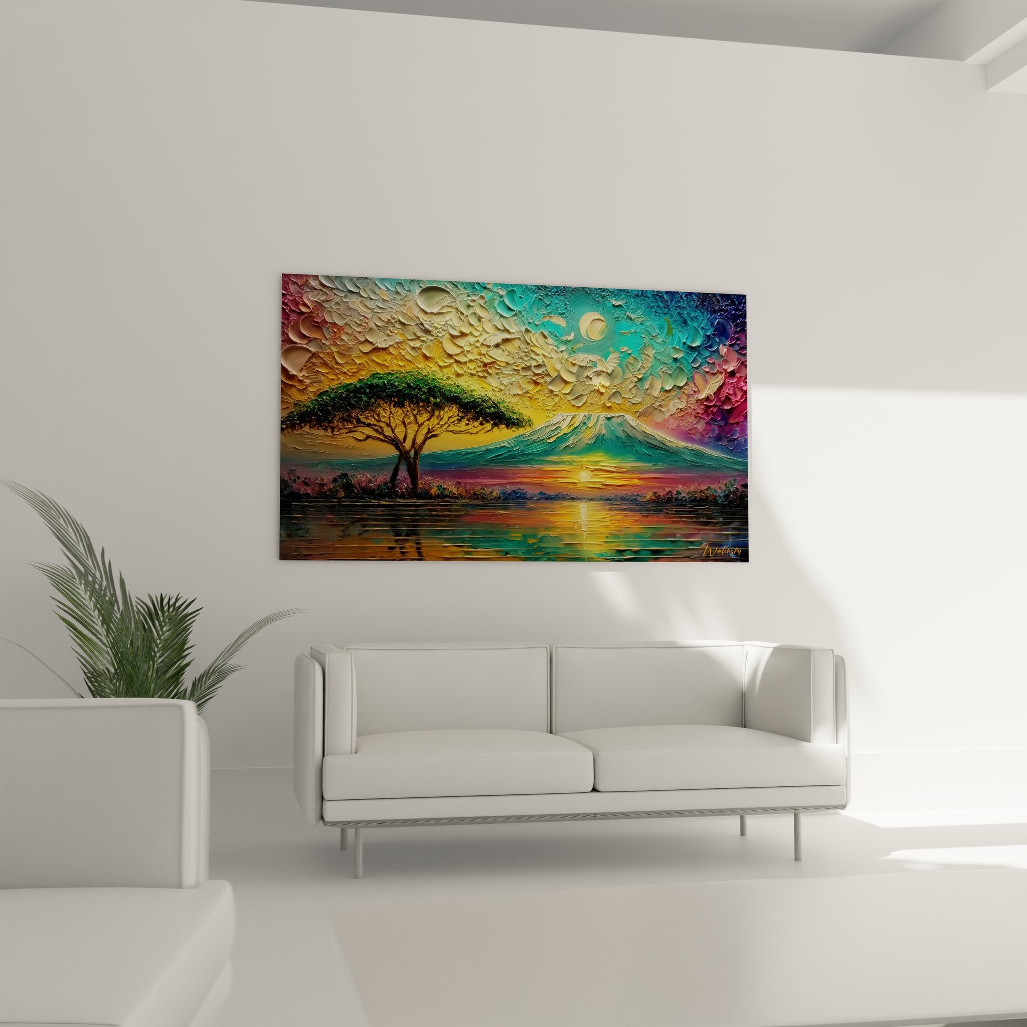 Gros plan texture relief tableau arbre montagne - détails peinture coucher soleil lac nature