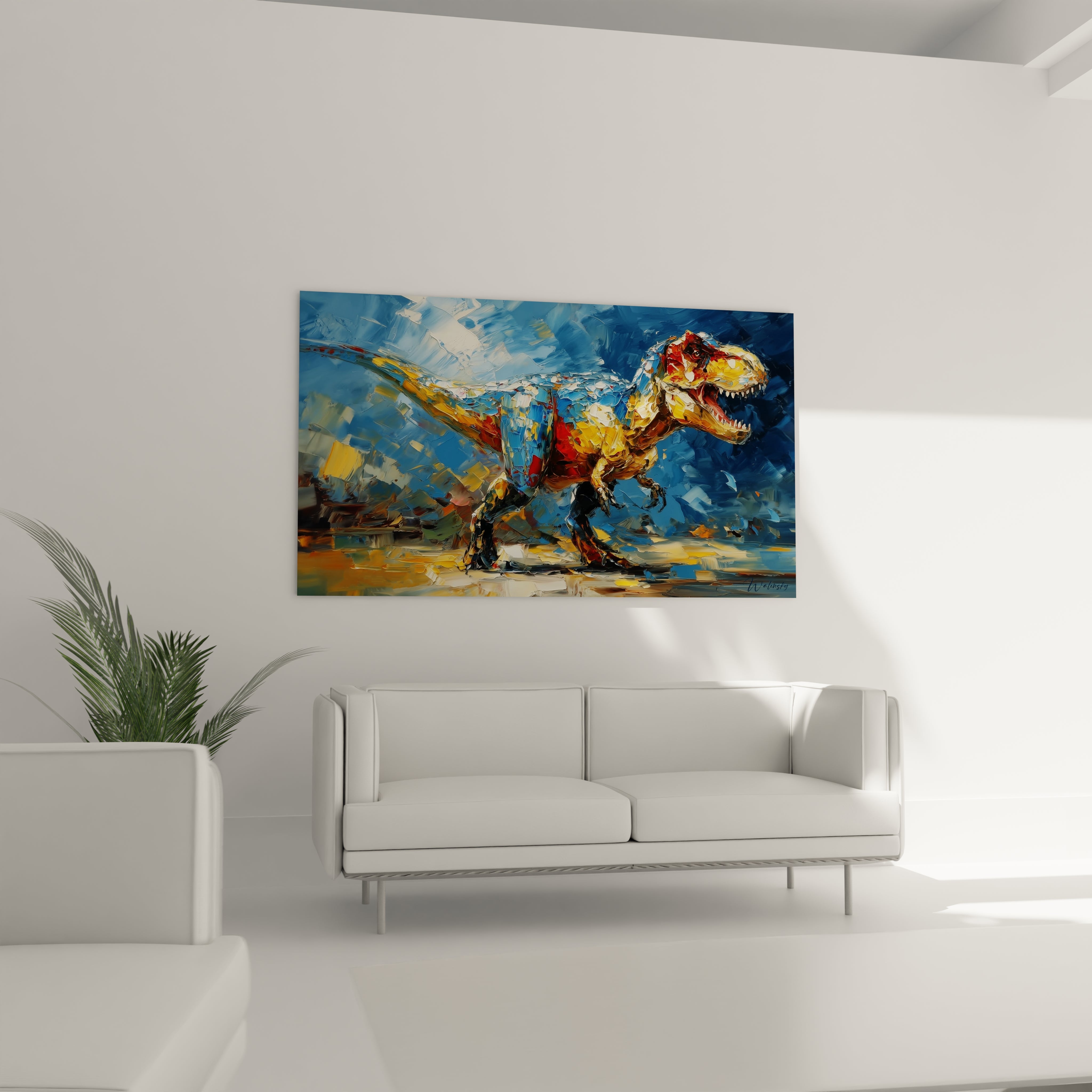 Gros plan texture palette knife tableau T-Rex peinture dinosaure détails artistiques