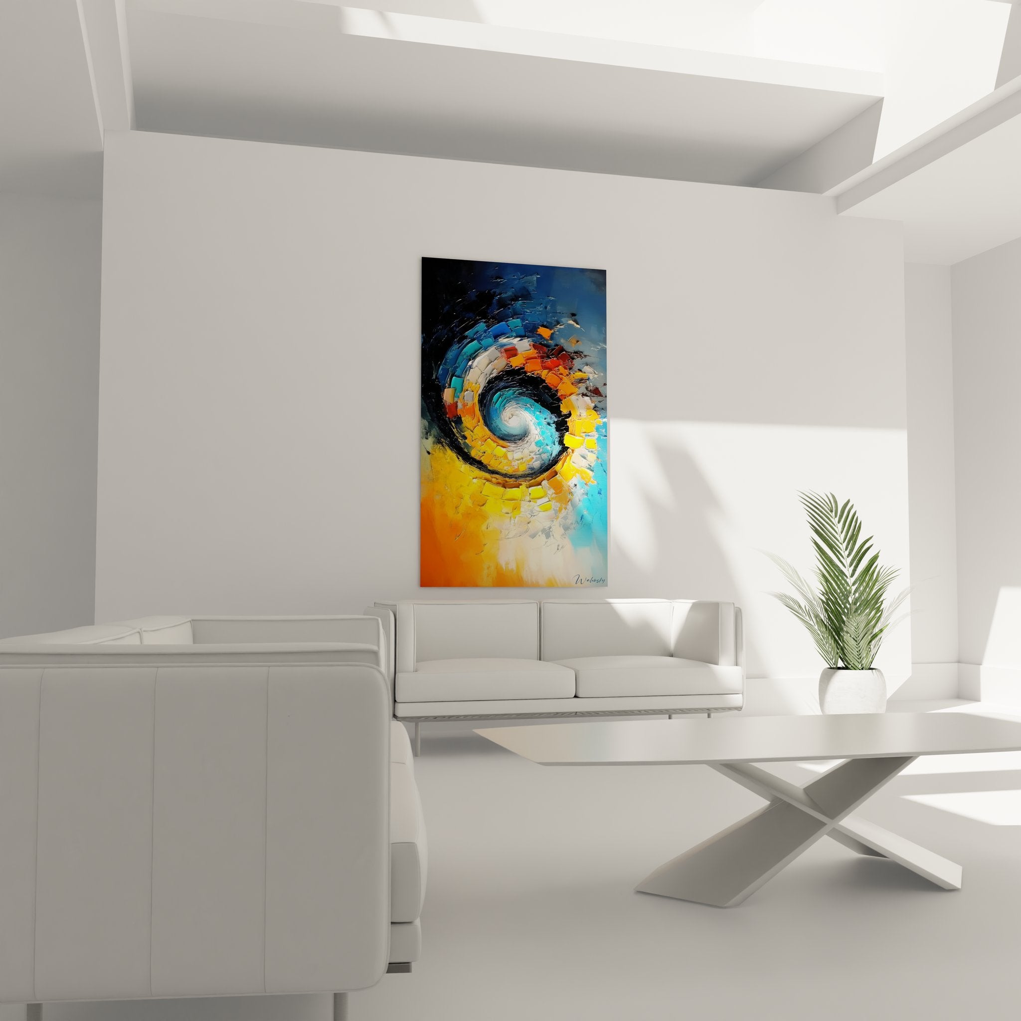 Gros plan texture tableau tourbillon abstrait, détails peinture spirale cosmique aux couleurs vives