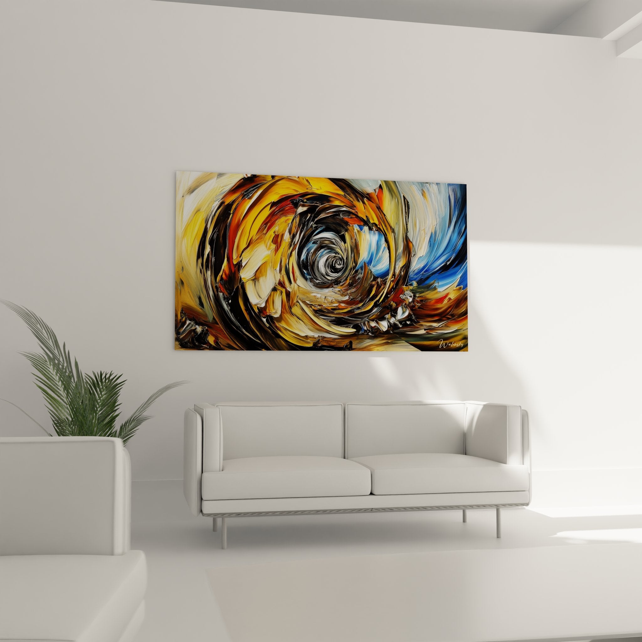 Gros plan texture tableau tourbillon abstrait spirale couleurs dorées orangées art contemporain