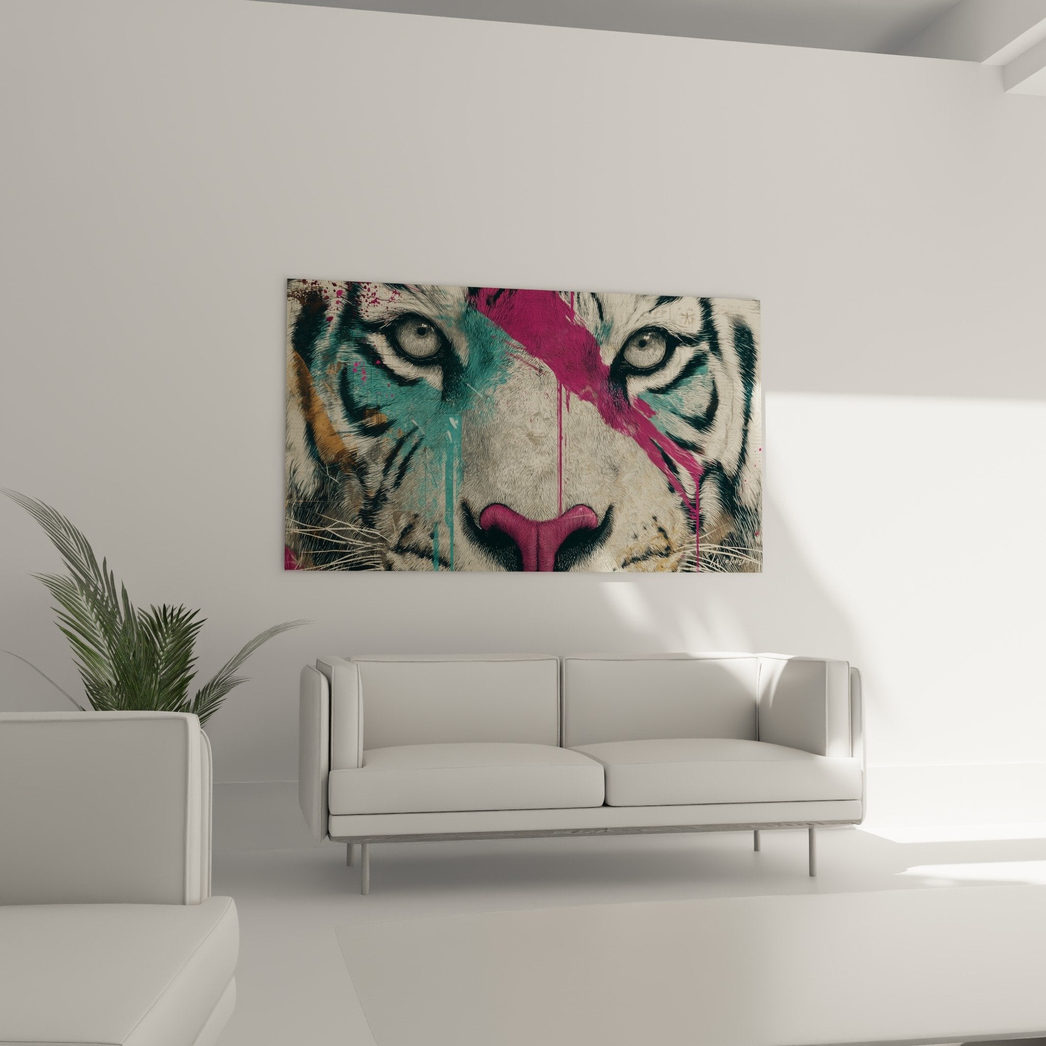 Nahaufnahme Tigerporträt lebendige Farben Türkis Magenta Felldetails und durchdringender Blick