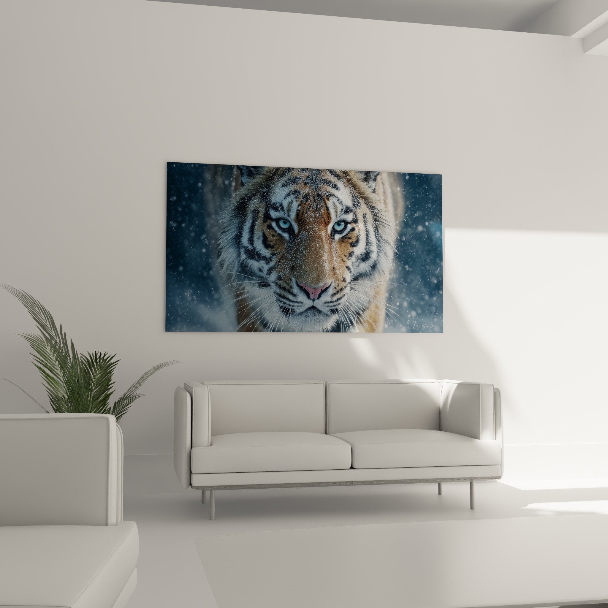 Gros plan portrait tigre aux yeux bleus, détails flocons neige sur pelage, art animalier réaliste