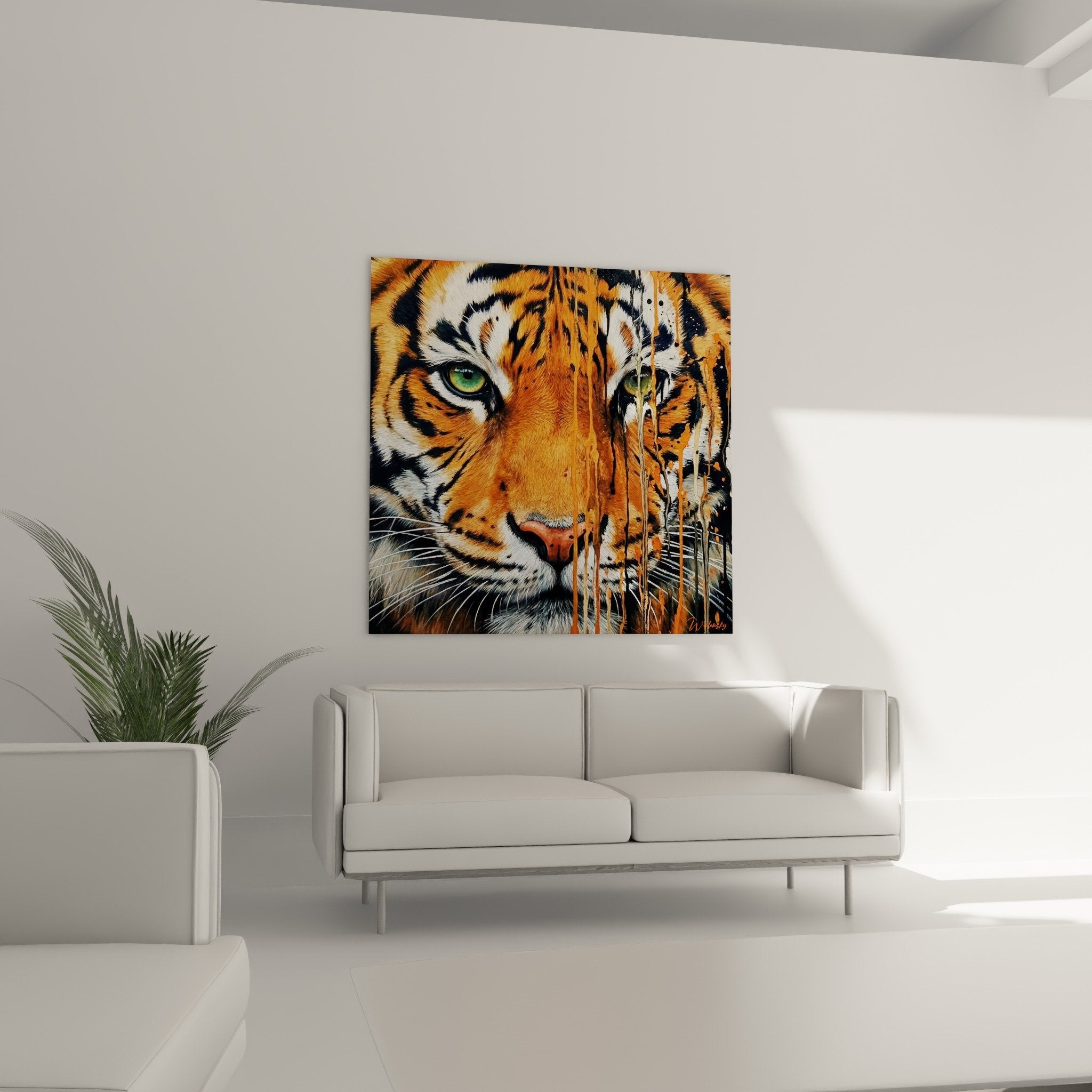 Gros plan tigre aux yeux verts avec effet coulures orange et noir street art dripping éclaboussures