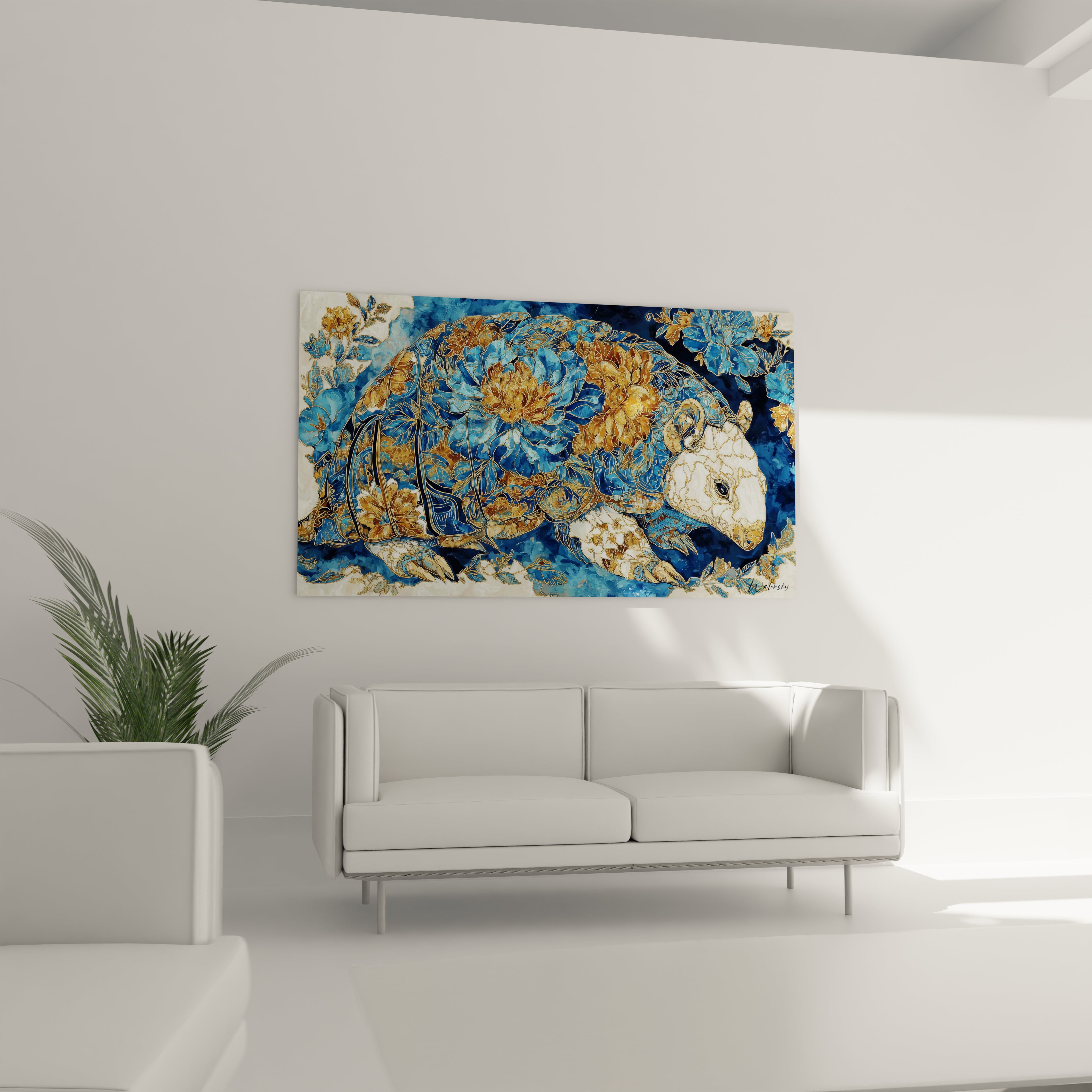 Détail gros plan tortue marine motifs floraux dorés art décoratif Glyptodon