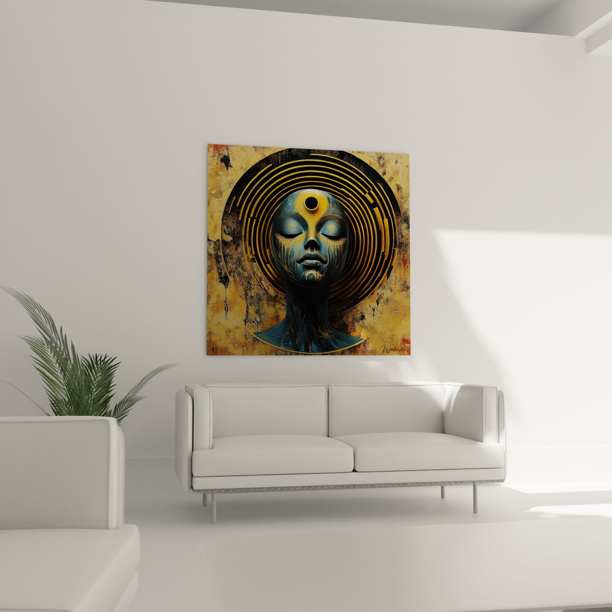 Gros plan tableau troisième œil doré visage mystique peinture figurative abstraite détails