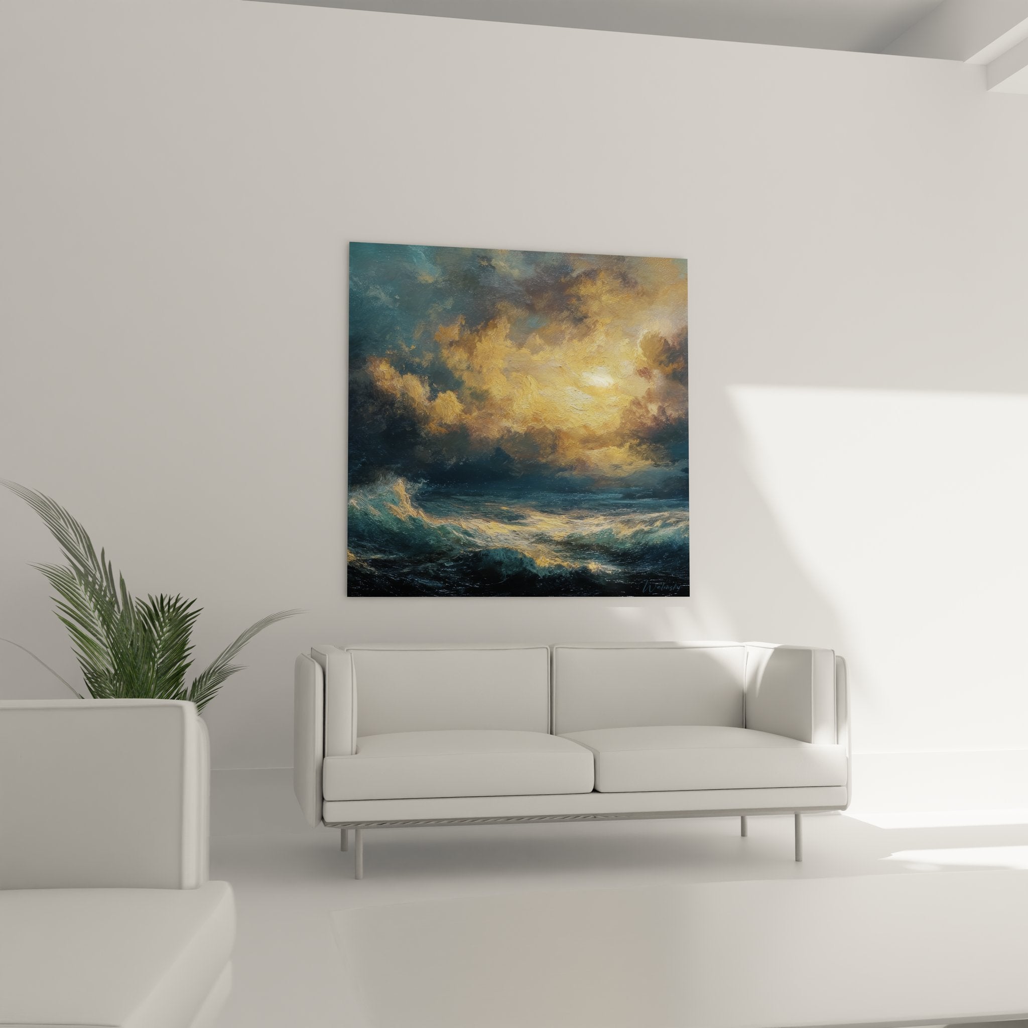 Gros plan tableau vagues tumultueuses dorées - détails peinture maritime tempête océanique