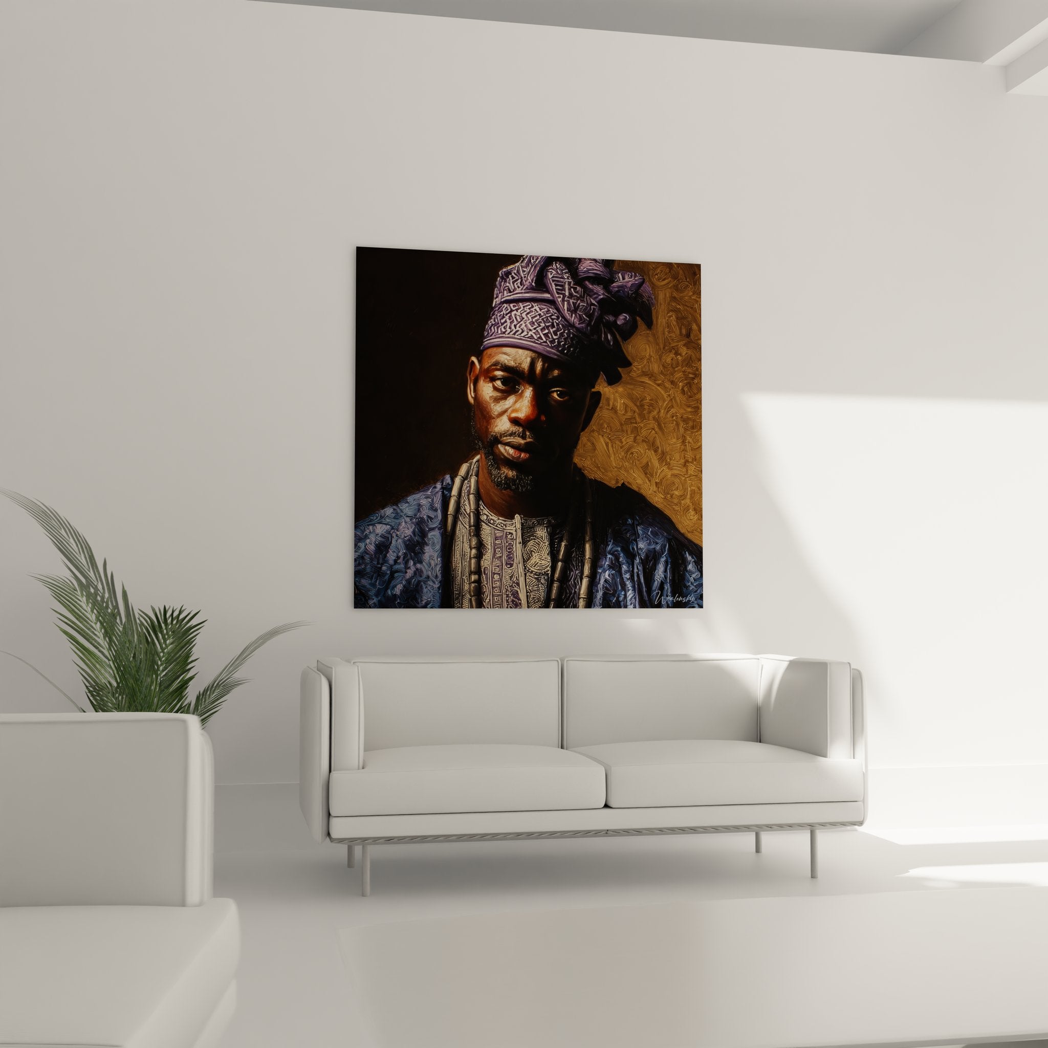 Gros plan tableau visage homme africain détails gele violet bijoux traditionnels broderies