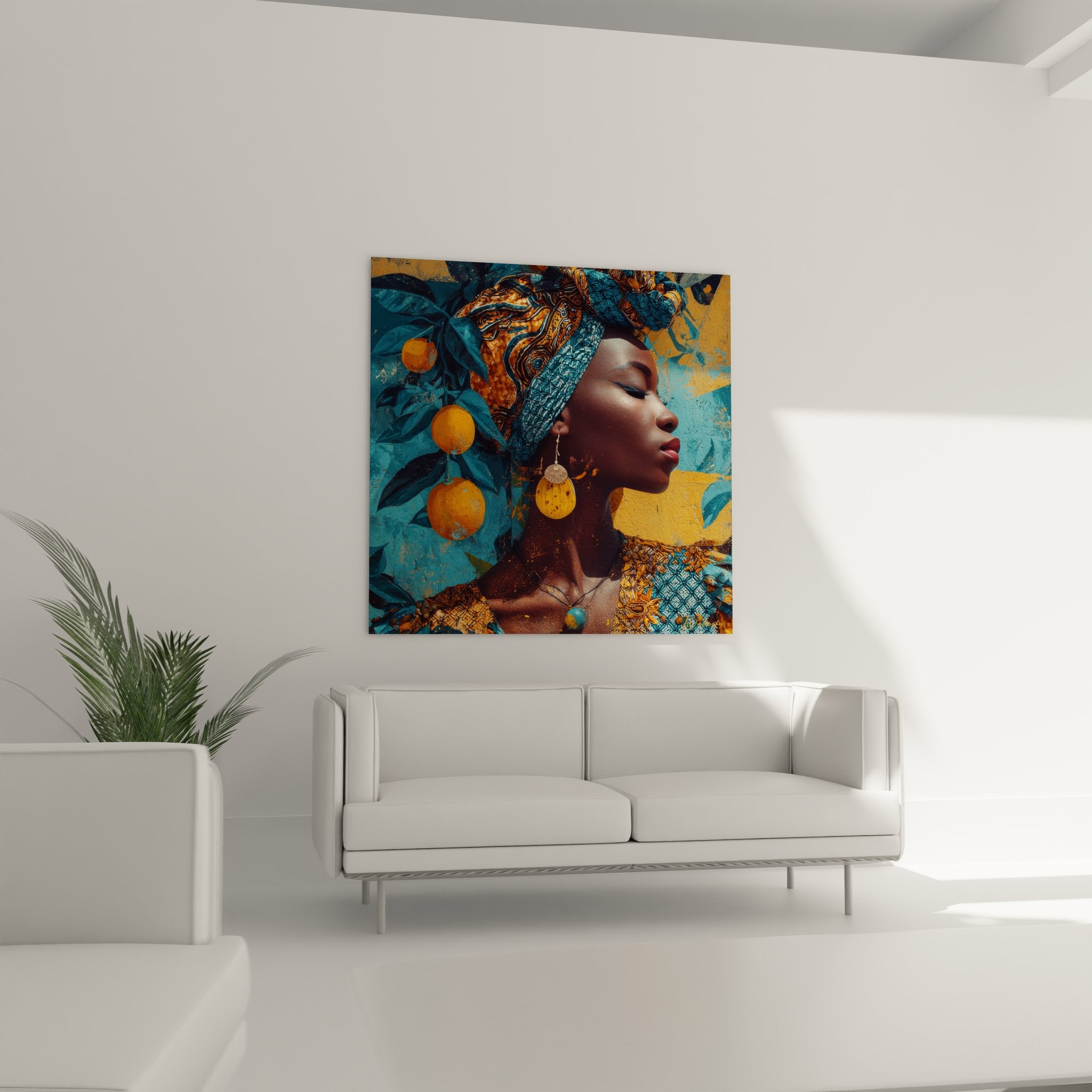 Gros plan visage femme africaine turban motifs géométriques oranges art mural détaillé