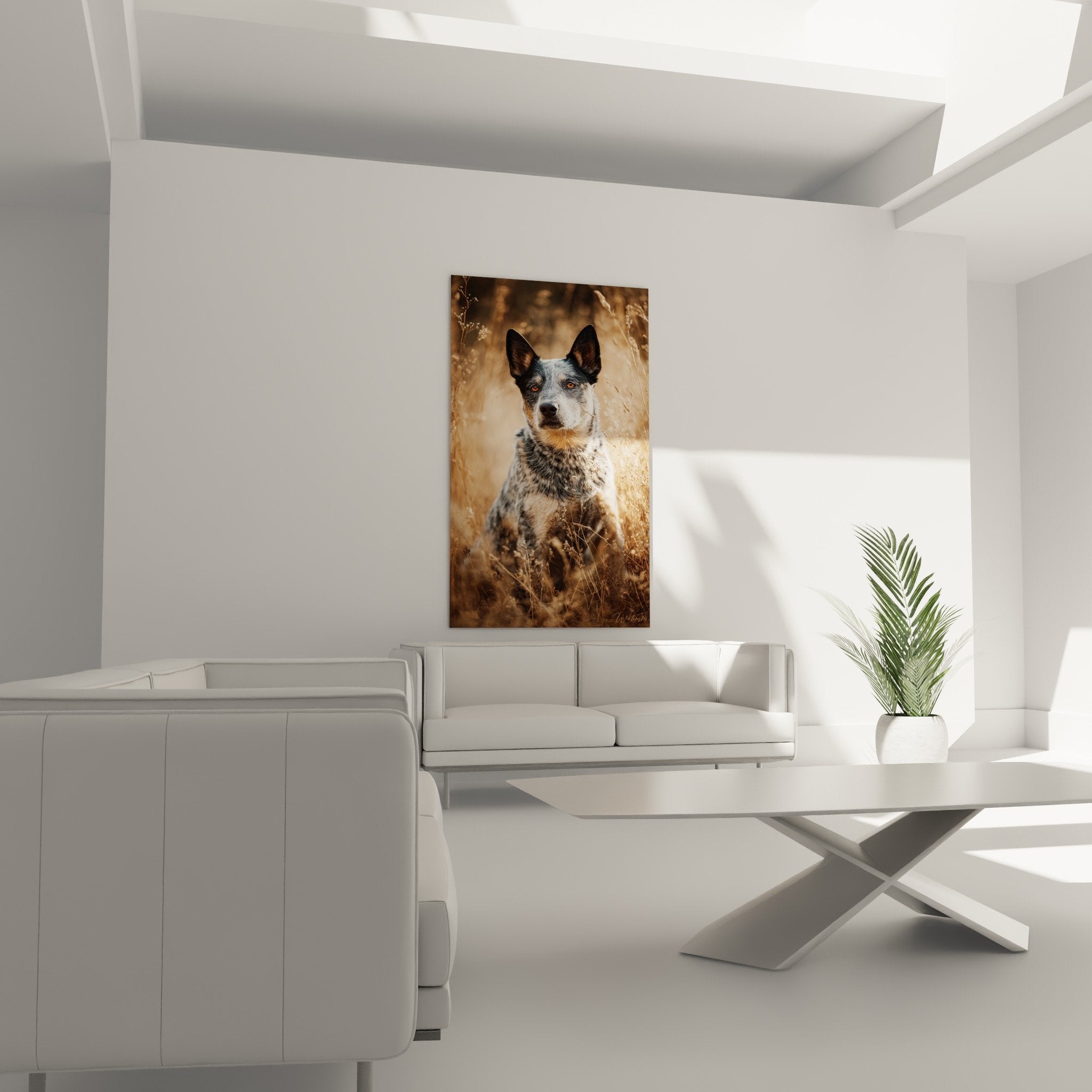 Gros plan yeux ambre Australian Cattle Dog pelage bleu mouchete detail expression intense regard captivant