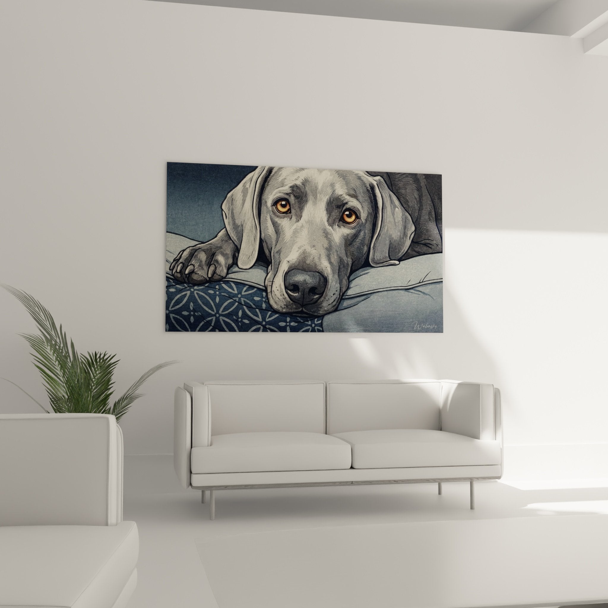 Gros plan yeux ambres braque de weimar gris expression douce regard profond tableau