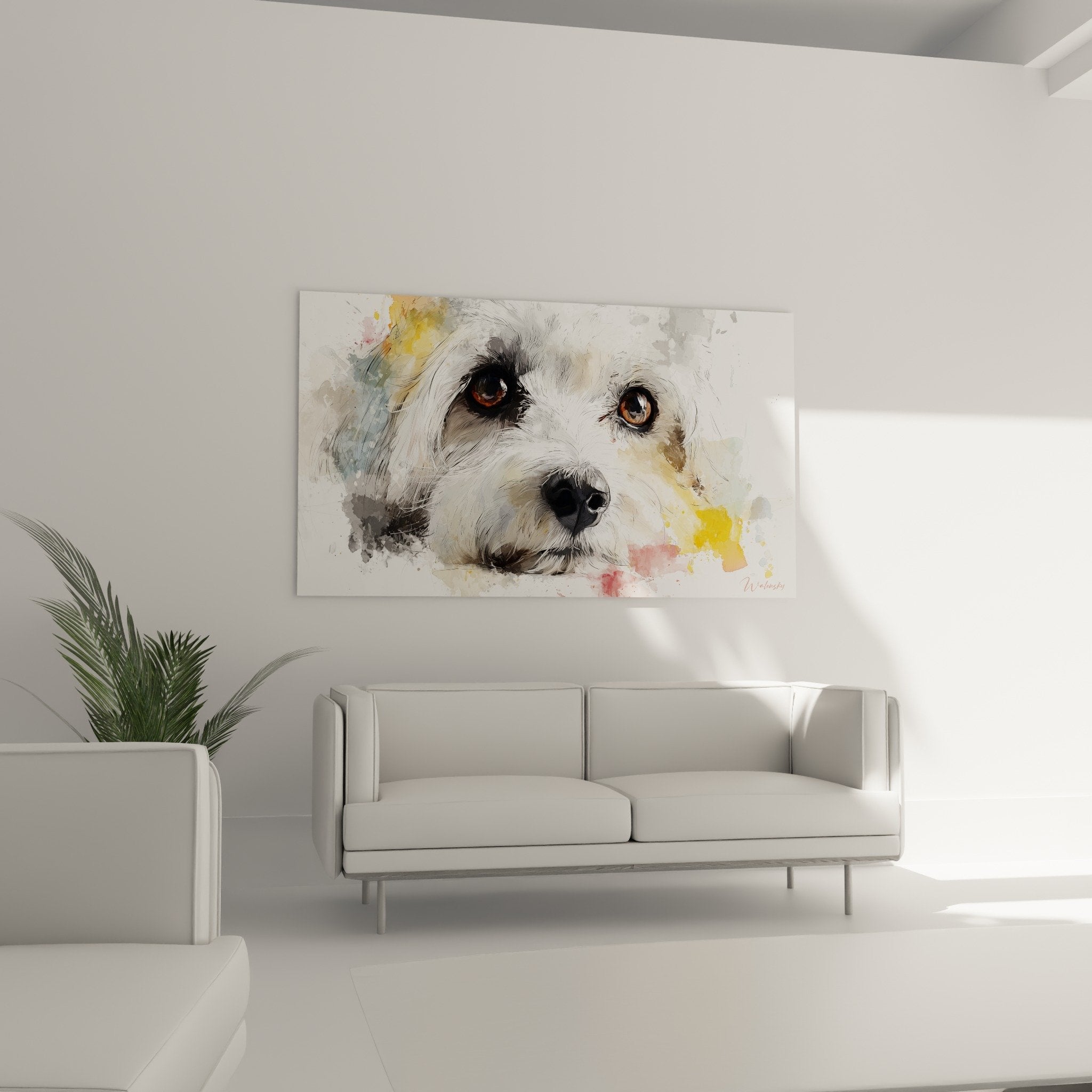Gros plan sur les yeux ambres expressifs et pelage blanc du Coton de Tulear en aquarelle