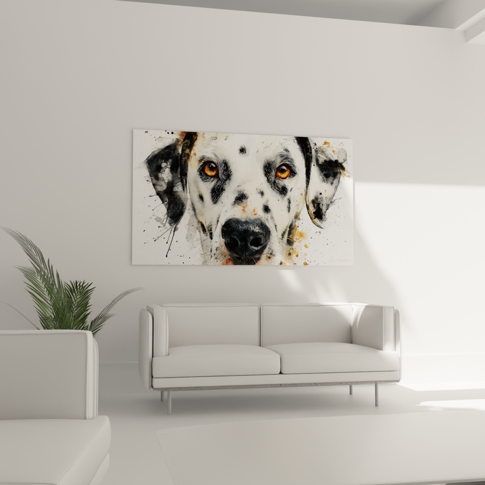 Close-up expressive amber eyes Dalmatian portrait watercolor spotted coat details