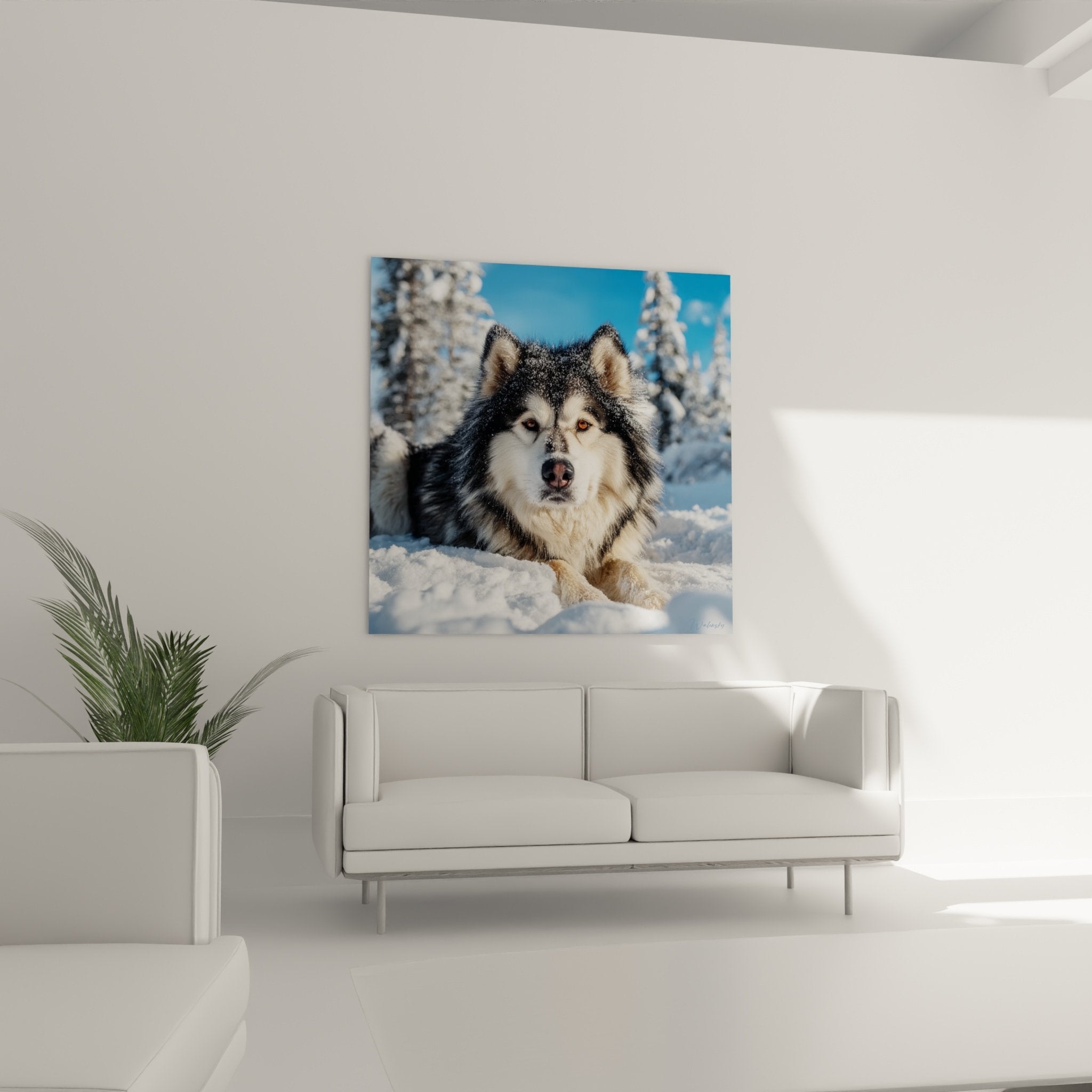 Gros plan yeux ambrés Malamute Alaska, détail regard intense chien nordique avec flocons de neige sur pelage