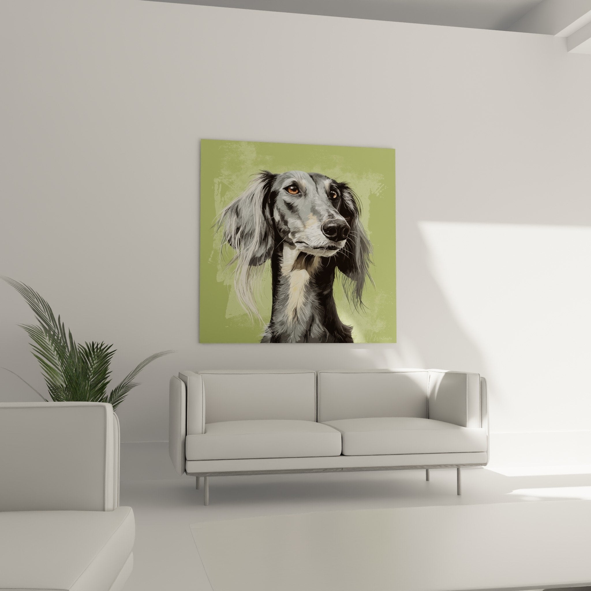 Gros plan sur les yeux ambres expressifs et le pelage gris nuance du portrait de levrier Saluki, details realistes