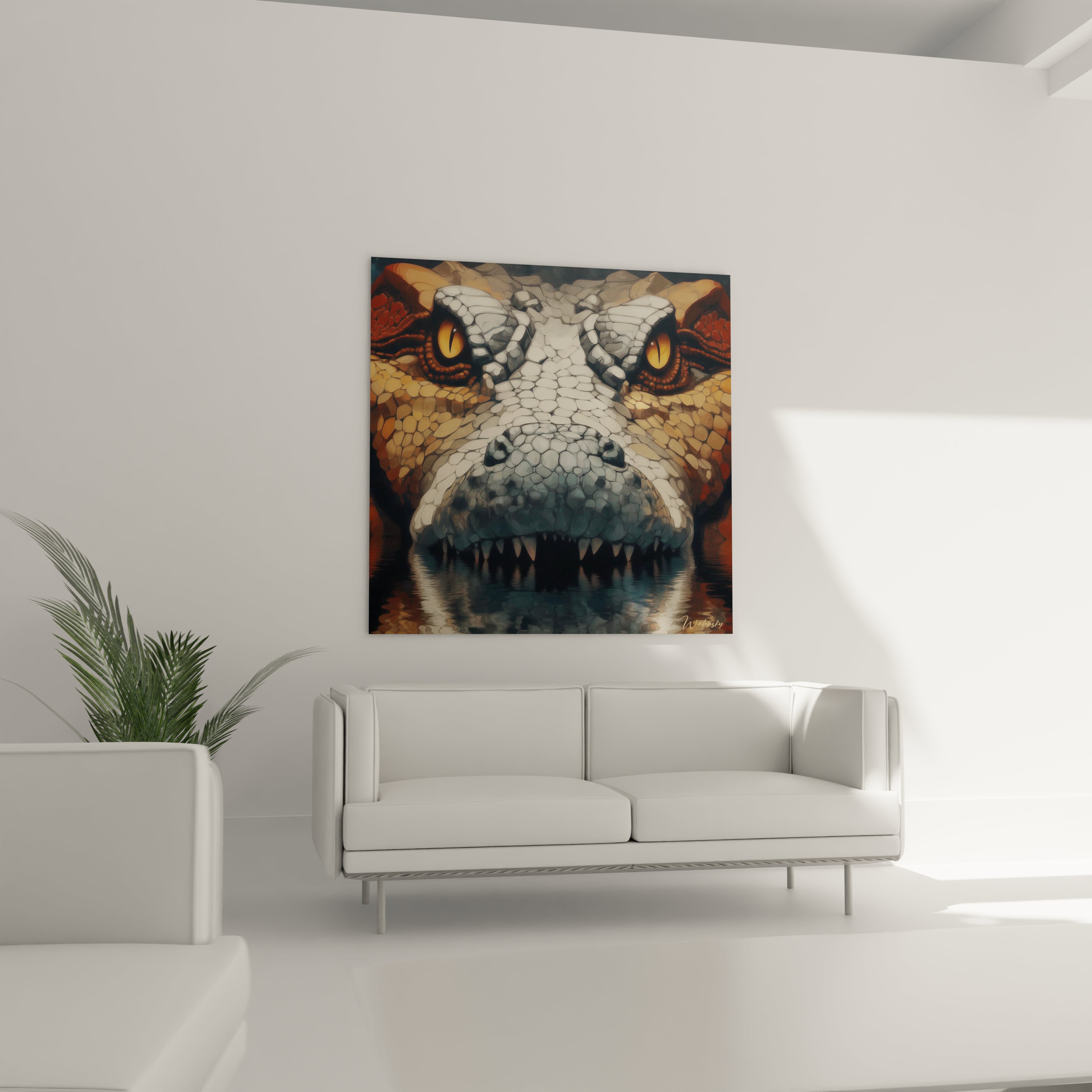 Gros plan sur les yeux perçants et écailles détaillées du tableau crocodile artistique