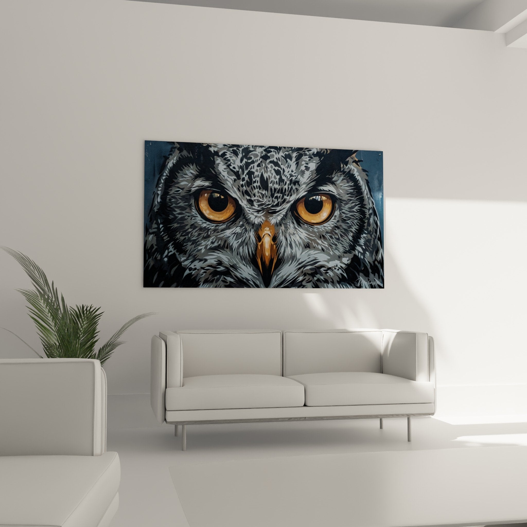 Gros plan yeux dores hibou street art pochoir texture plumes detaillee iris cuivres pupilles