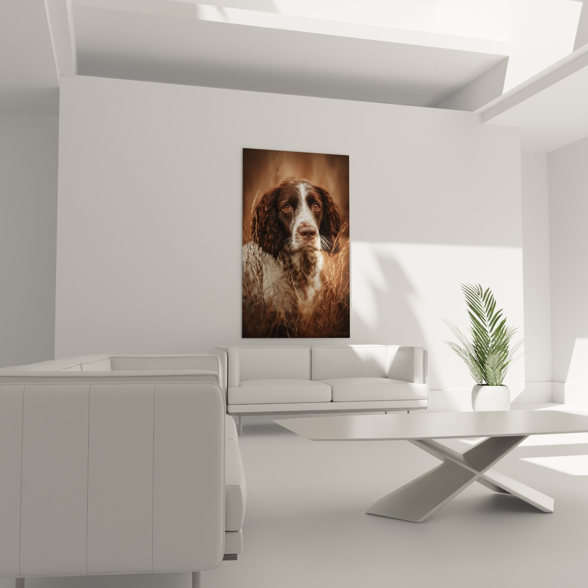 Nahaufnahme der bernsteinfarbenen Augen und des melancholischen Ausdrucks des English Springer Spaniel in goldenem Gras