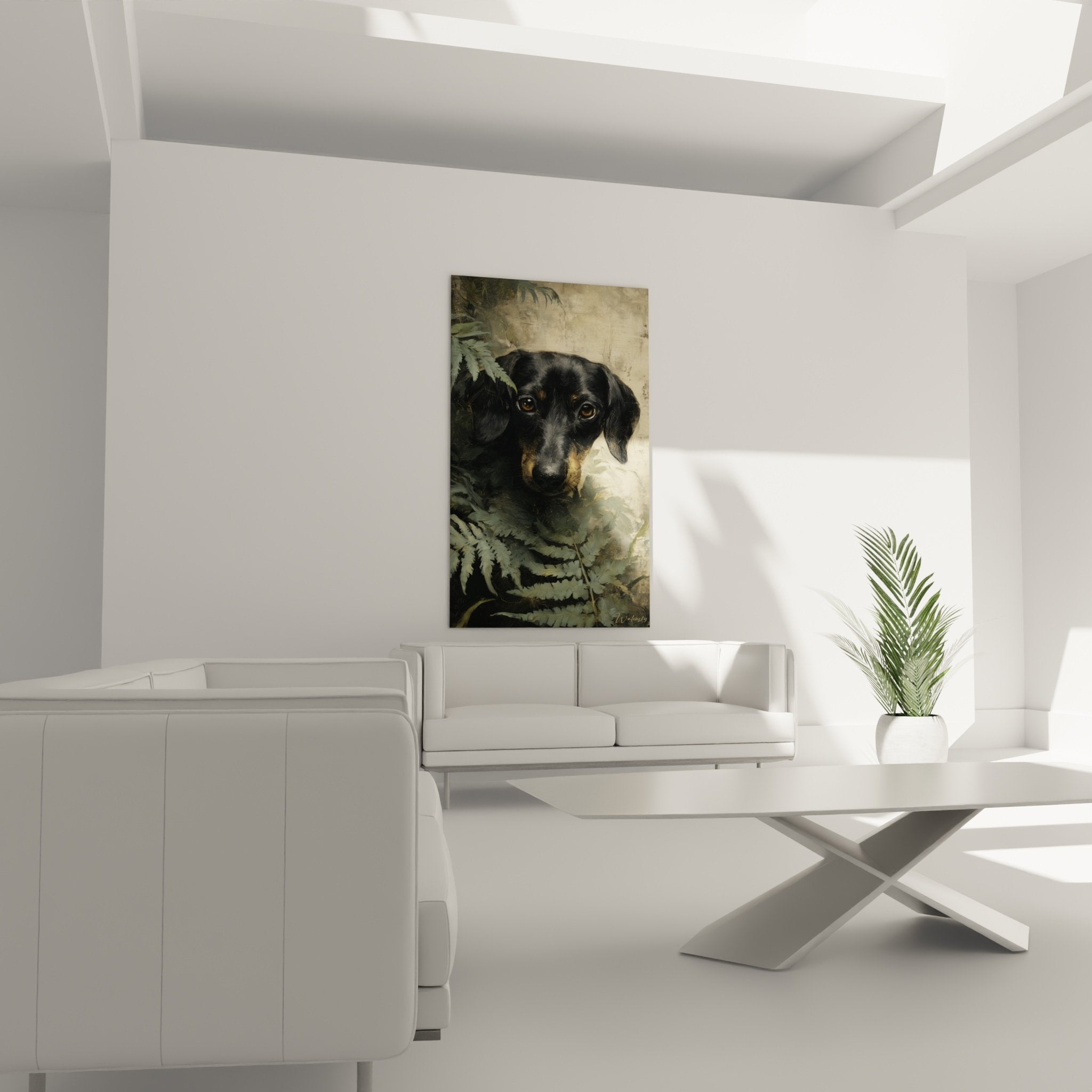 Gros plan yeux dorés teckel noir sur toile avec details fougeres vert de gris patine beige