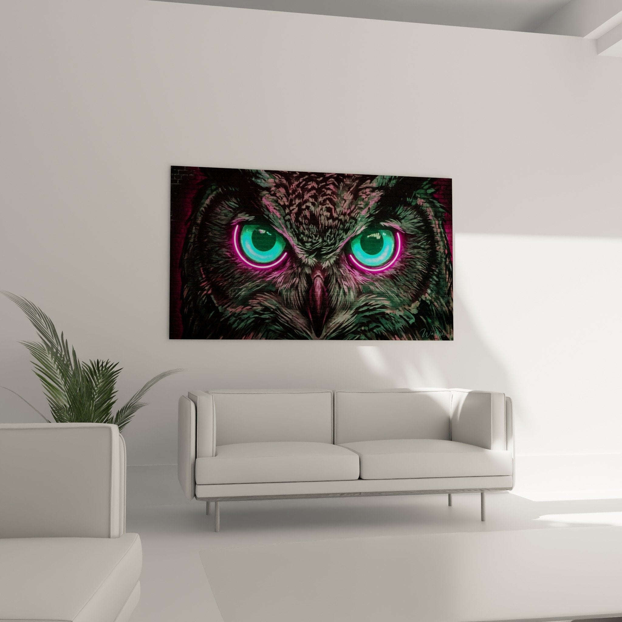 Nahaufnahme leuchtende türkisfarbene Eugenaugen mit magentafarbenen Ringen detaillierte Federstruktur urbane Kunst neon fluoreszierend