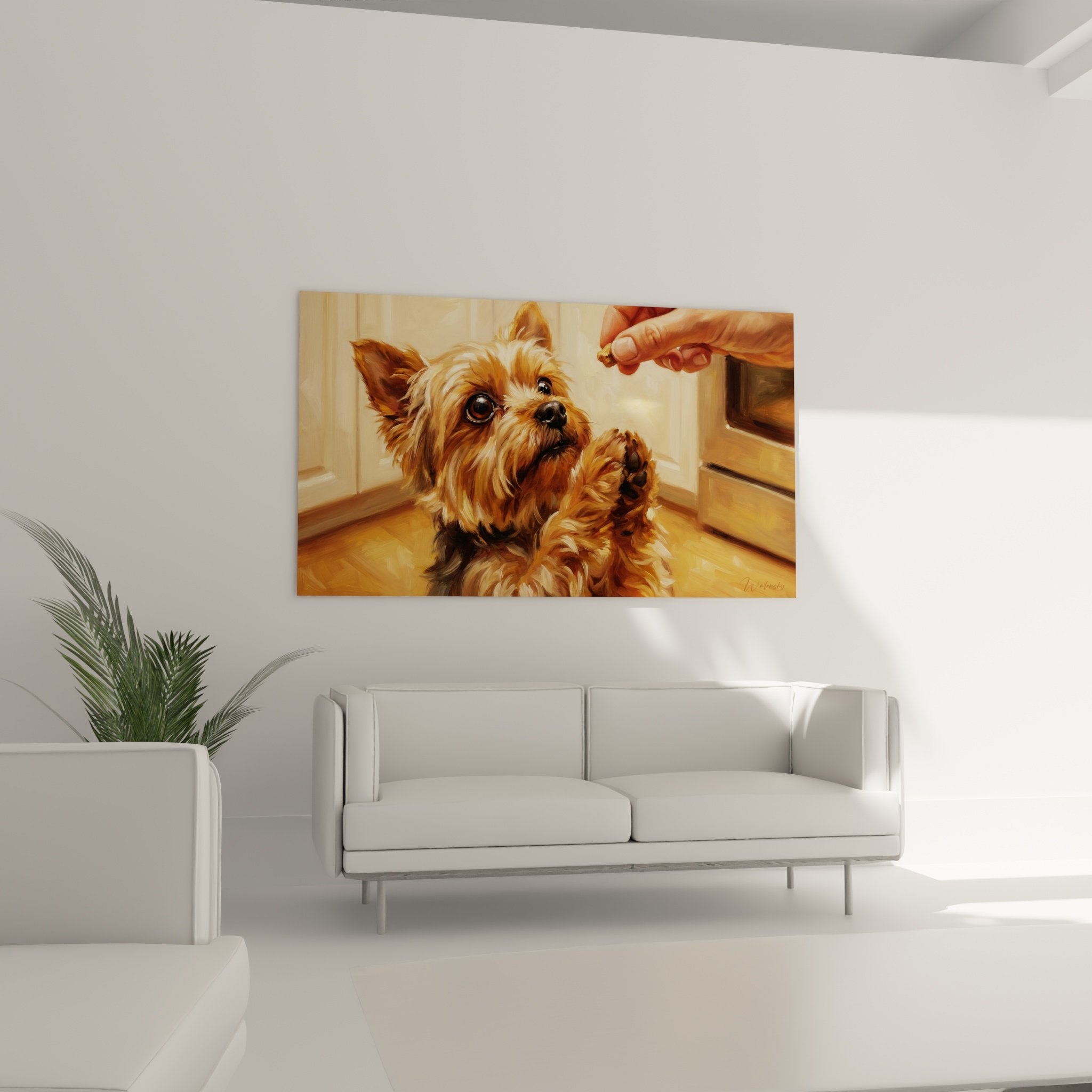 Nahaufnahme Yorkshire Terrier mit faunem goldenem Fell, zartem ausdrucksvollem Blick, realistische detaillierte Malerei