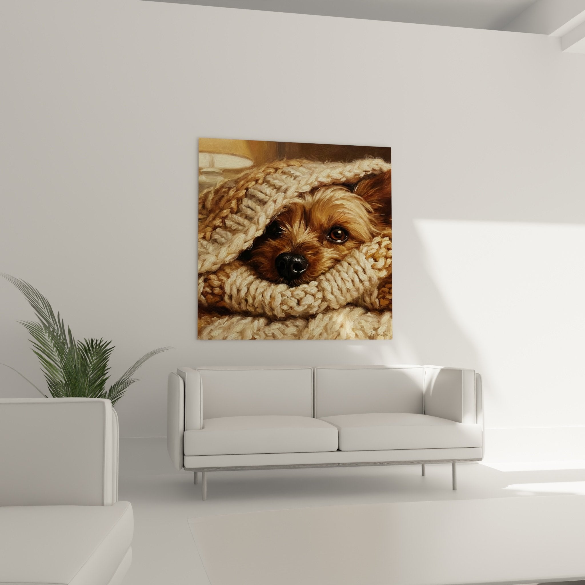 Gros plan Yorkshire Terrier aux yeux bruns dans tricot beige, détails pelage doré et texture laine réaliste