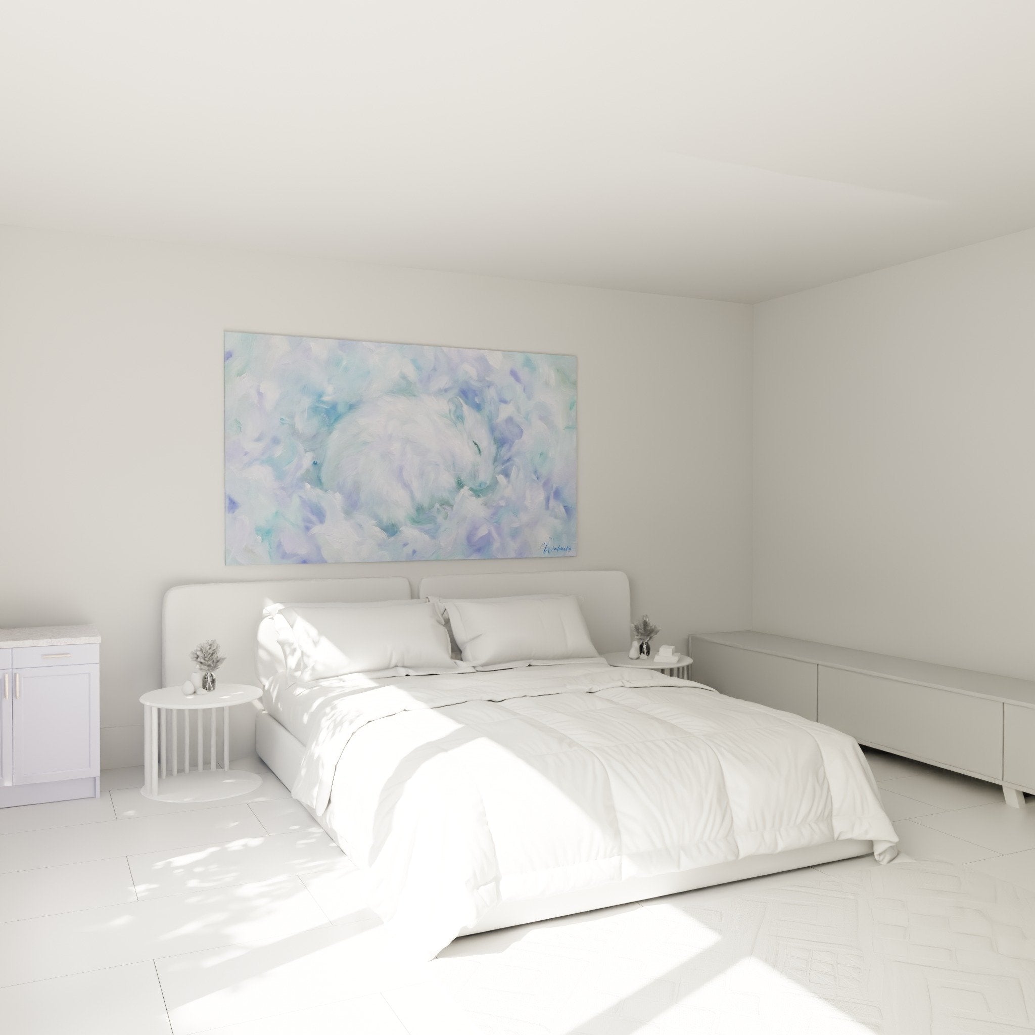 Hamster-Kunstdruck pastellblau Schlafzimmer Dekoration sanfte Atmosphäre weiße Wand nordischer Stil