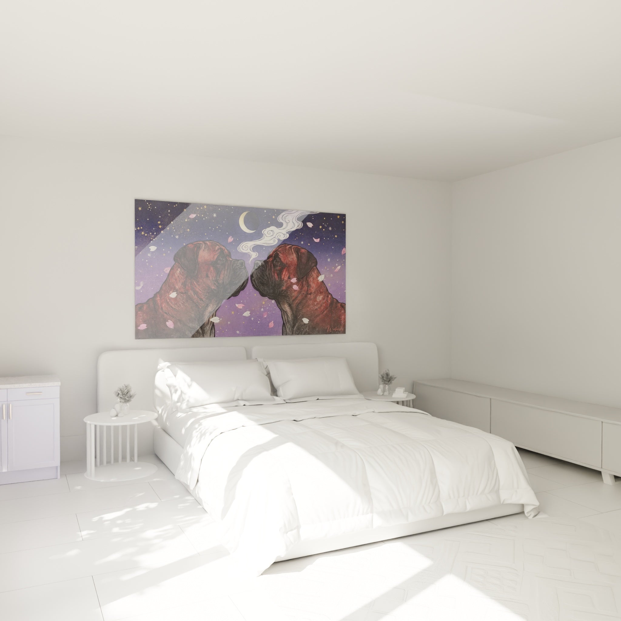 Tableau bullmastiffs ciel nocturne installé dans chambre moderne aux tons neutres et éclairage doux