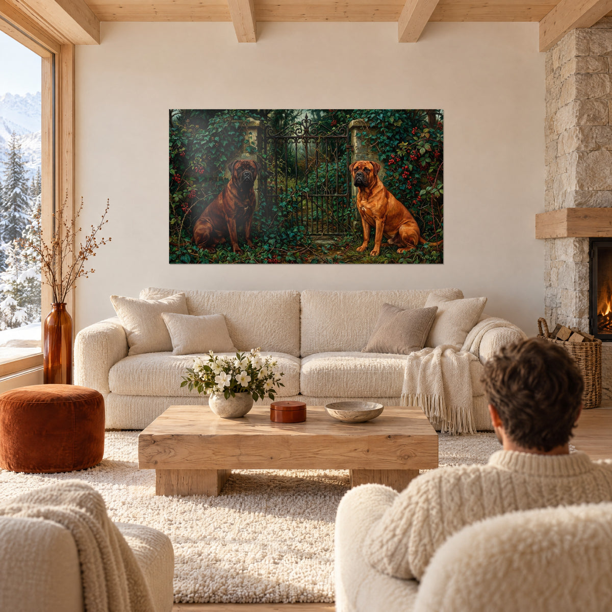 Tableau deux bullmastiffs assis devant un portail rouille, lierre vert et baies rouges, au-dessus d'un canapé dans un salon lumineux