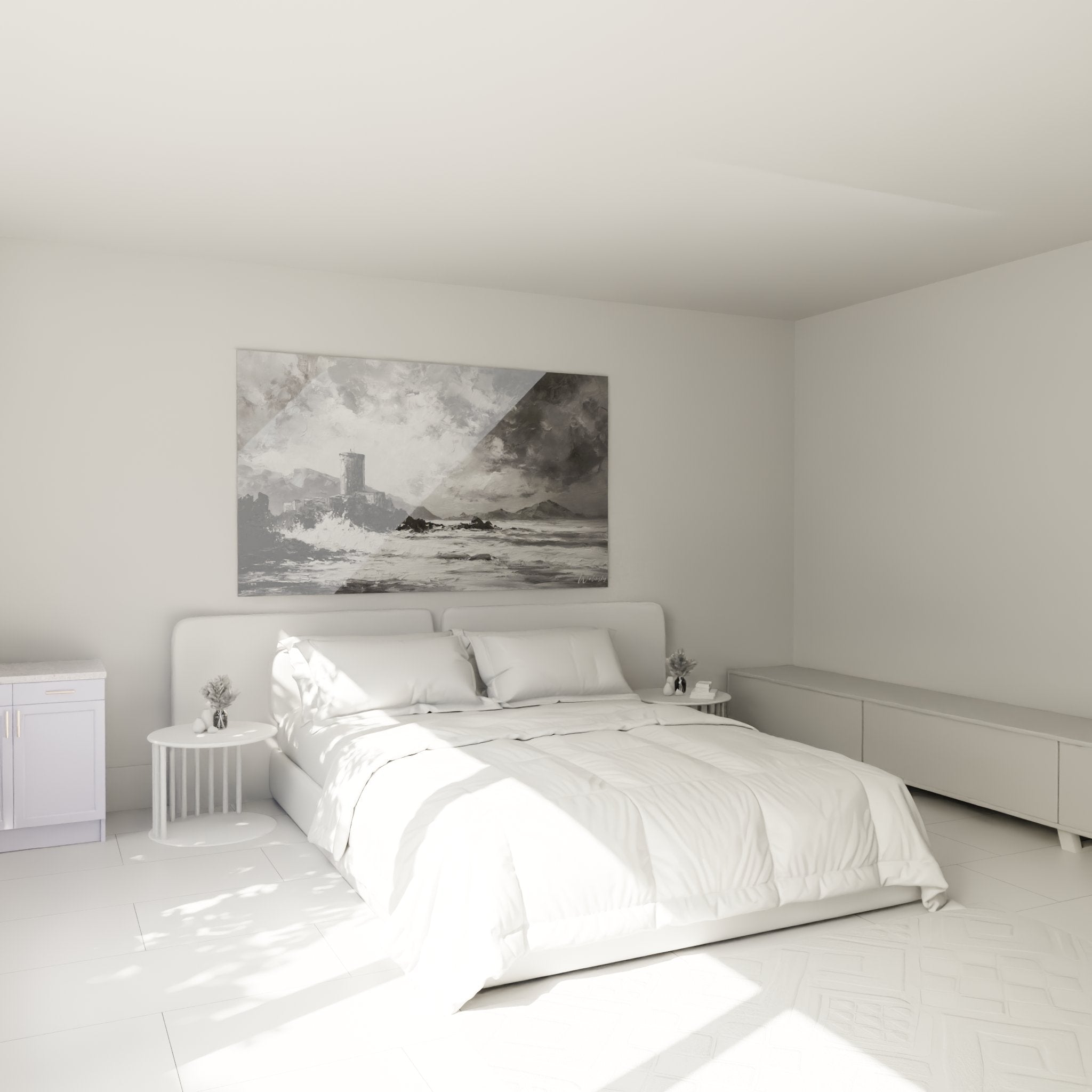 Wanddeko genuesischer Turm im modernen Schlafzimmer - elegantes schwarzweißes korsisches Erbe-Kunstwerk