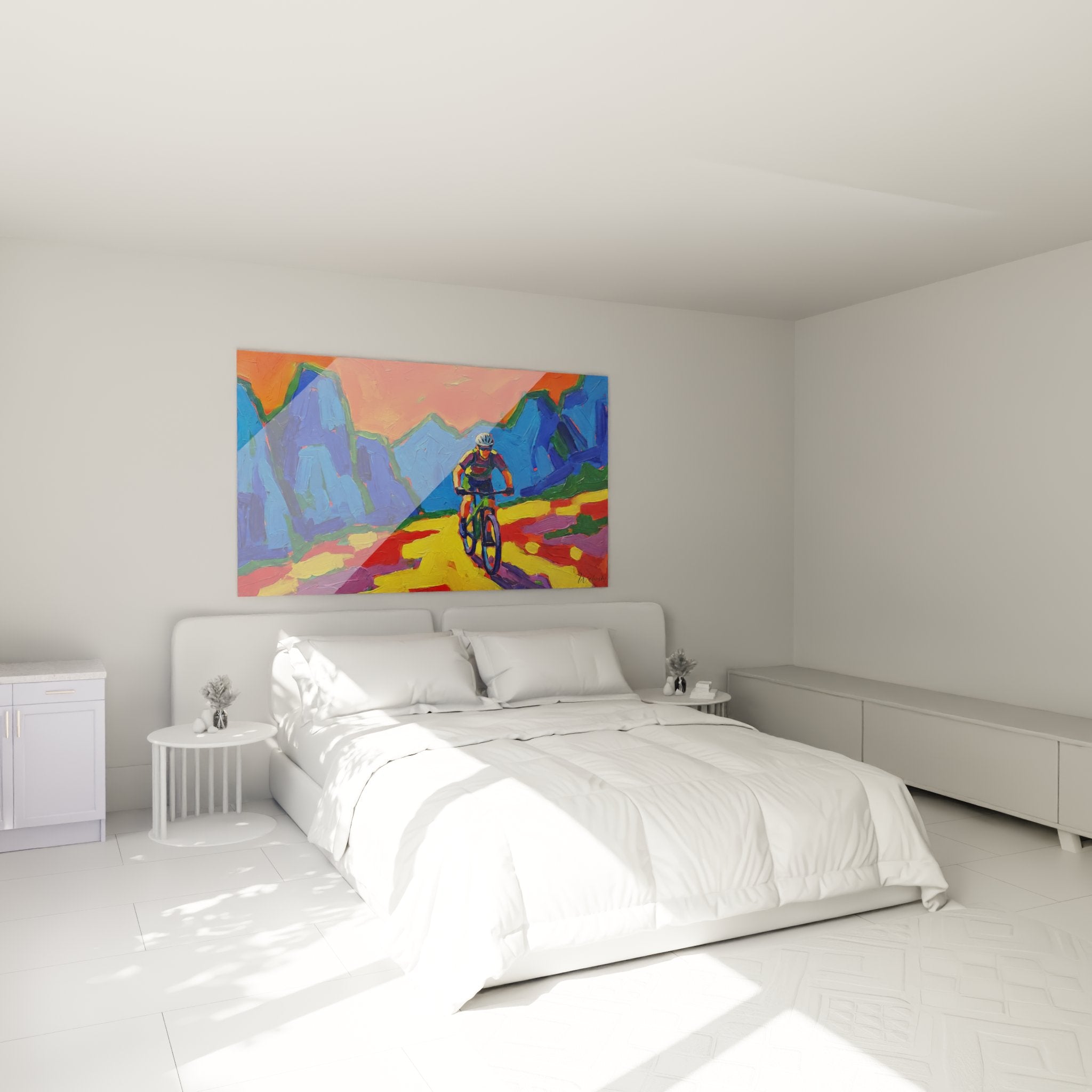 Wall decoration mountain bike bedroom cycling artwork mountains vibrant colors modern sporty atmosphere