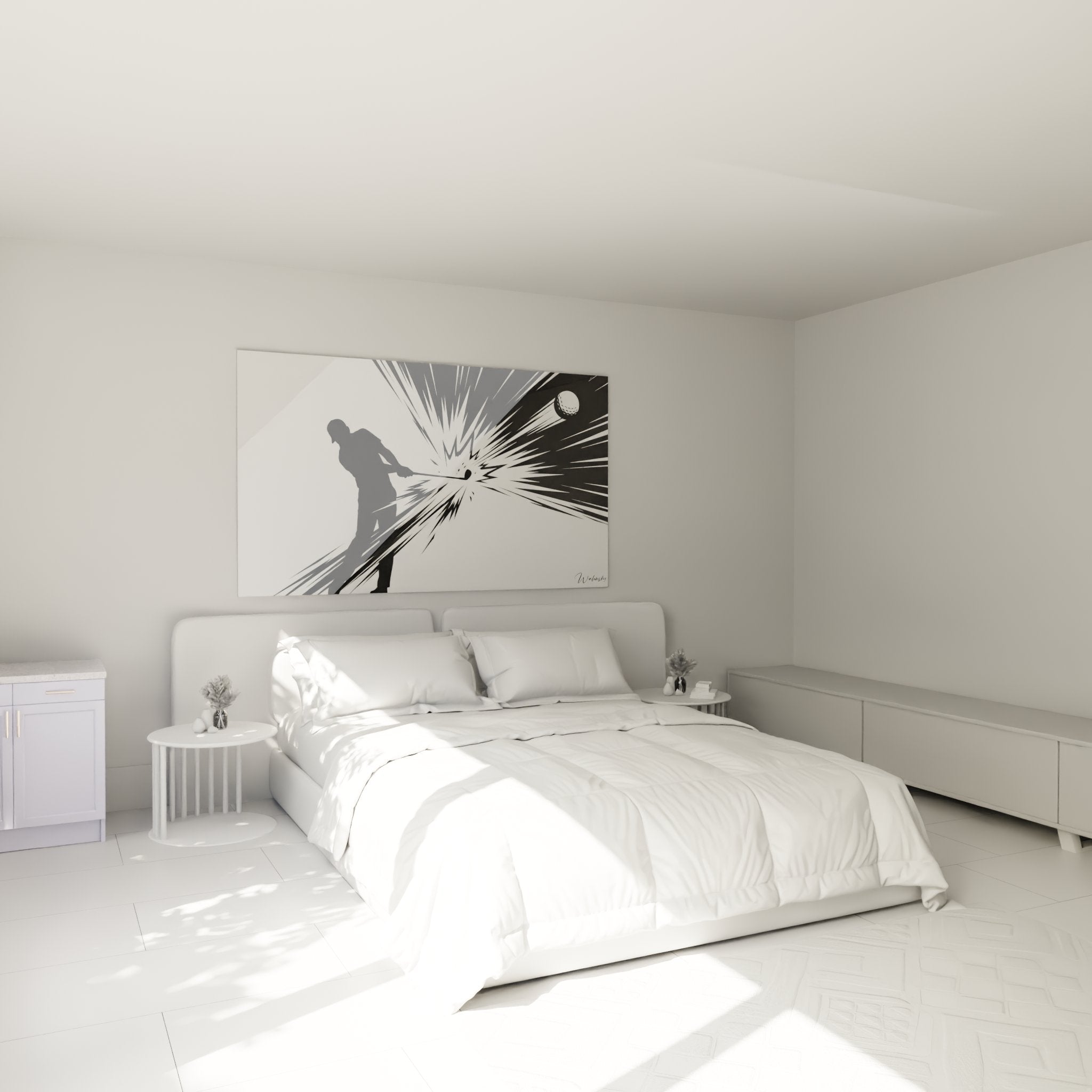 Décoration murale golf dans chambre moderne avec tableau swing dynamique noir et blanc