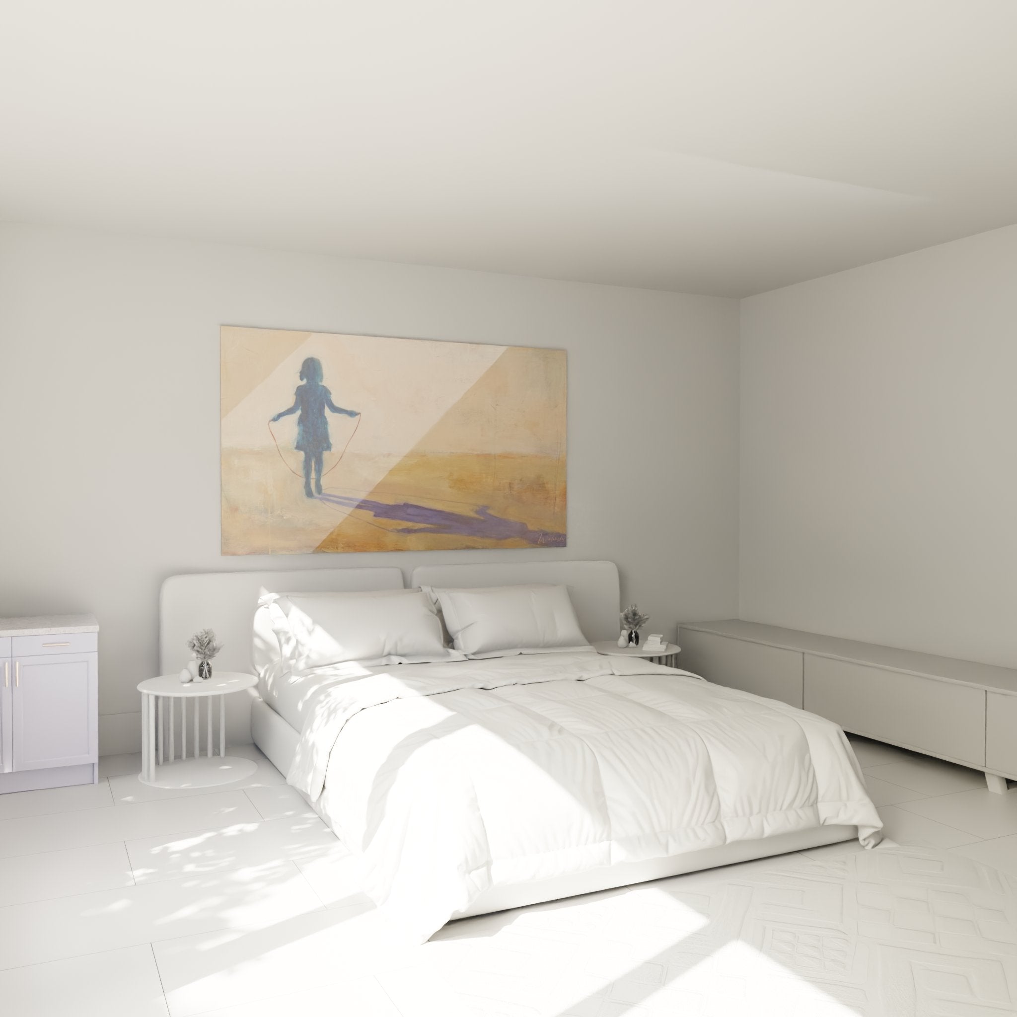 Child's jump rope wall art installed in a modern bedroom with artistic wall decoration