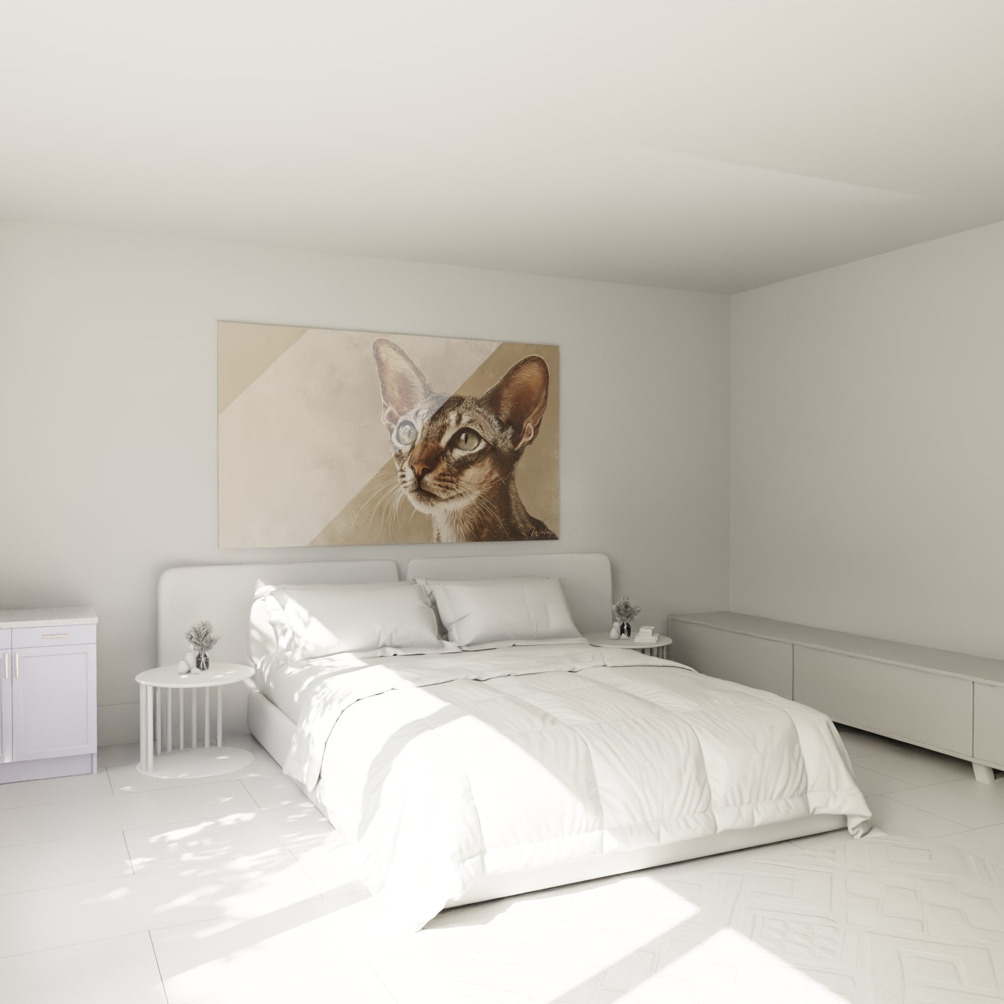 Singapura-Katze-Gemälde, das elegant ein modernes Schlafzimmer in beruhigenden Neutral- und Pastelltönen dekoriert