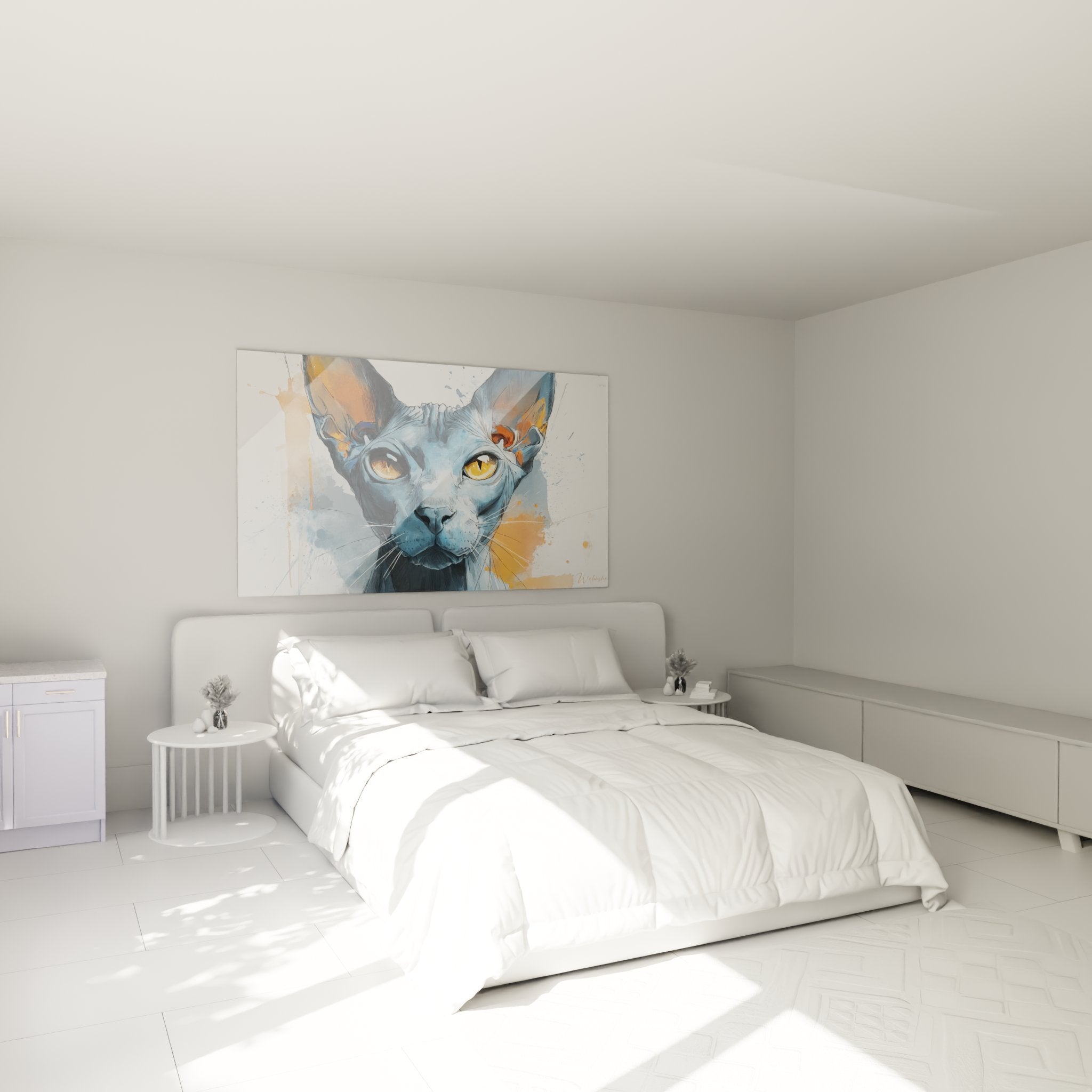 Decorazione murale gatto Sphynx acquerello in camera moderna, atmosfera artistica