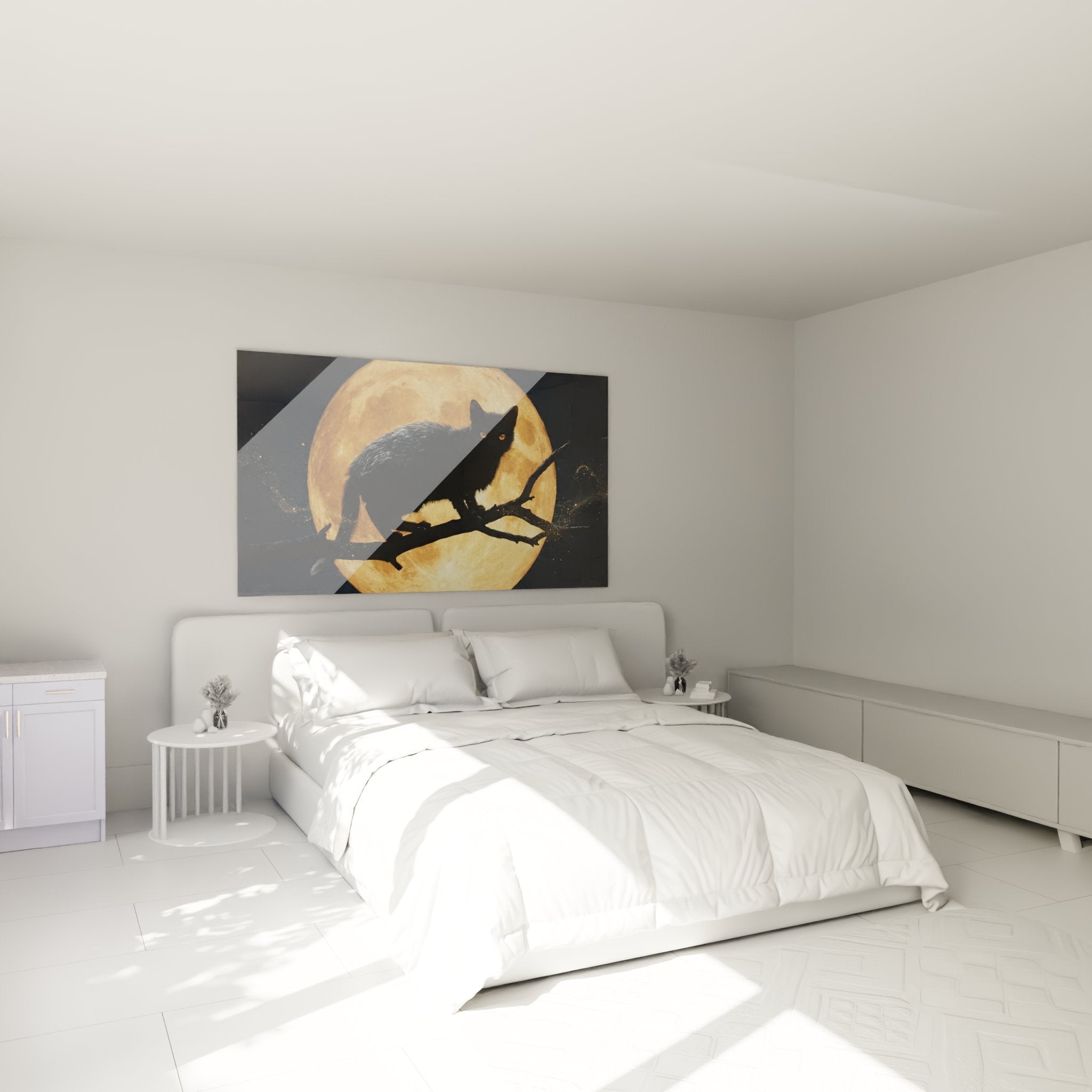 Decorazione murale camera da letto con quadro gatto nero luna dorata, atmosfera mistica e accogliente