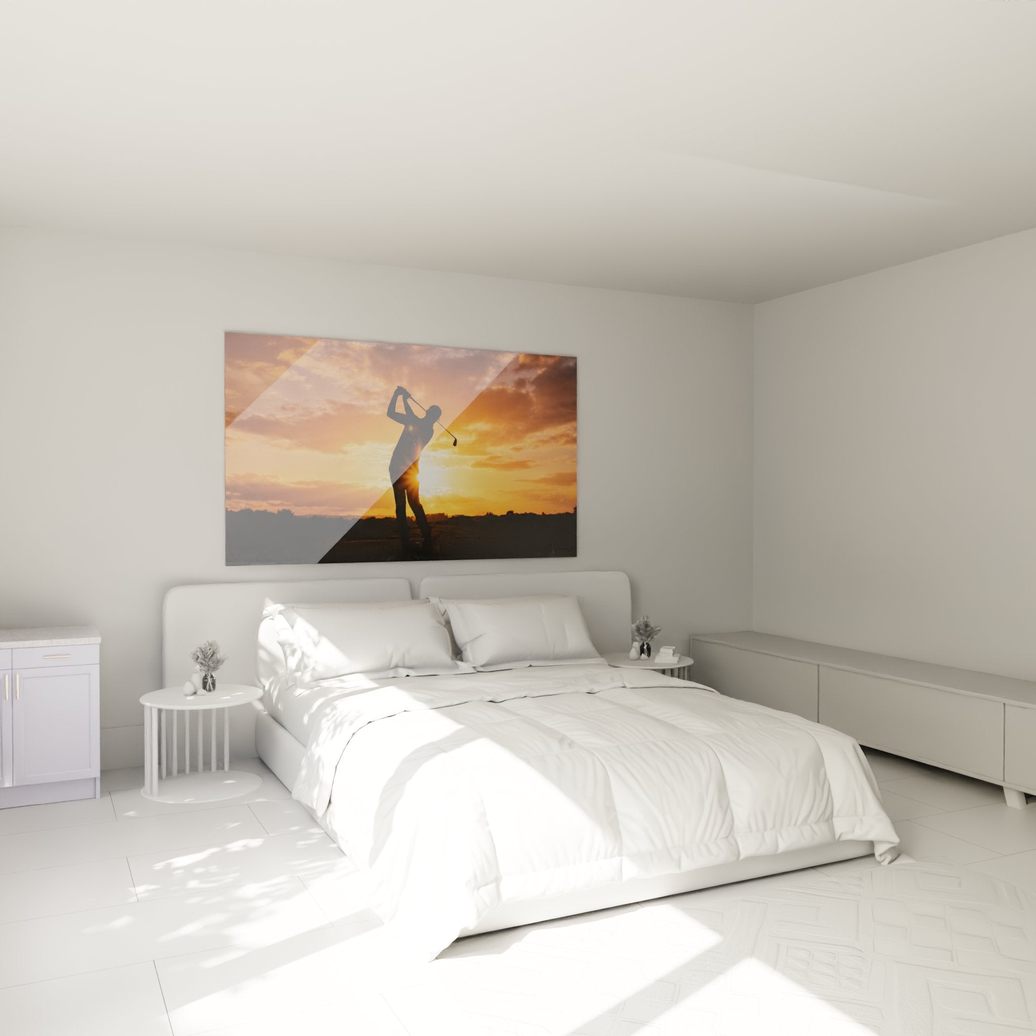 Decoration chambre tableau golf coucher soleil golfeur swing ambiance chaleureuse orange dore