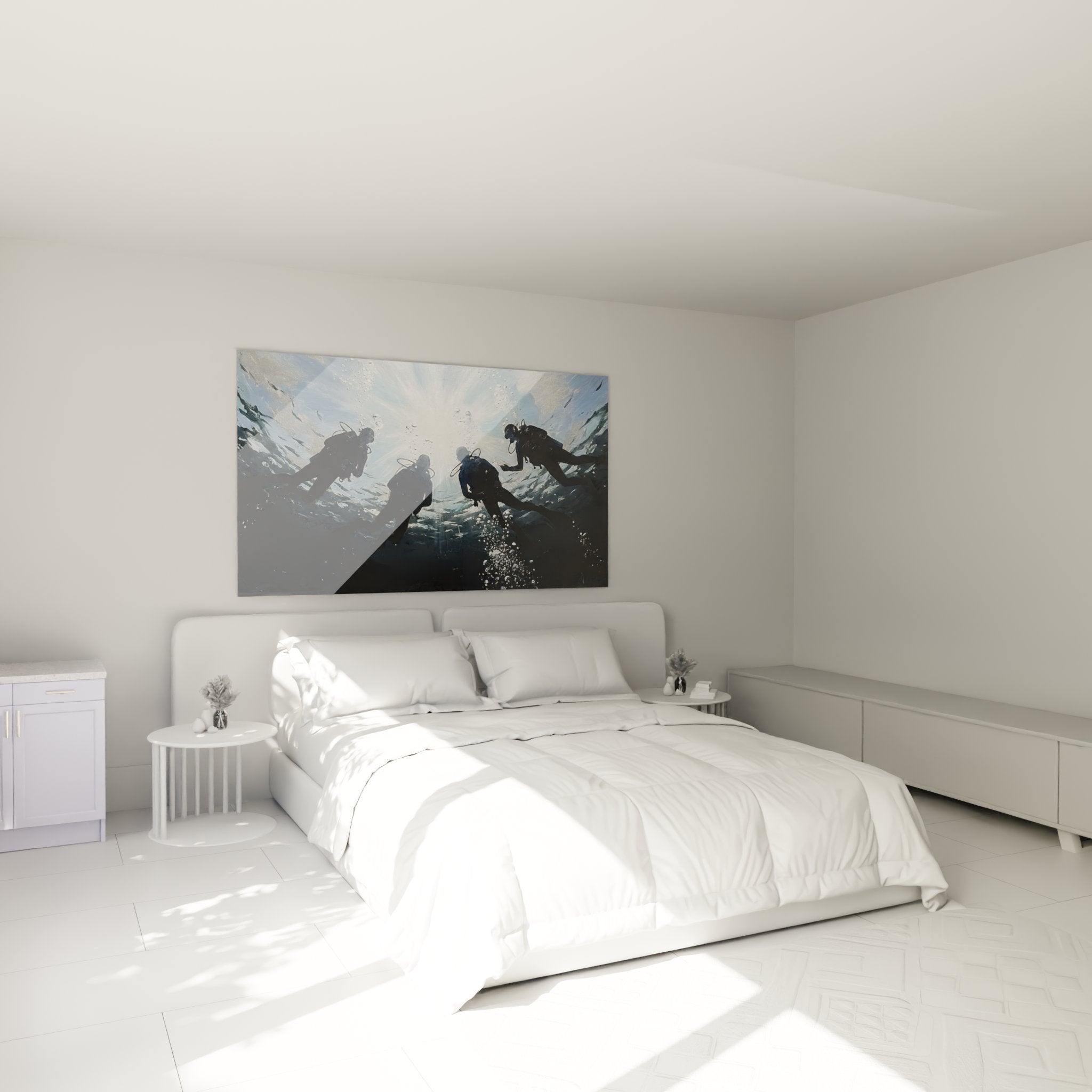 Wanddekoration Unterwasserszenerie im Schlafzimmer mit Gemälde von Tauchern in Untersicht im blauen Ozean