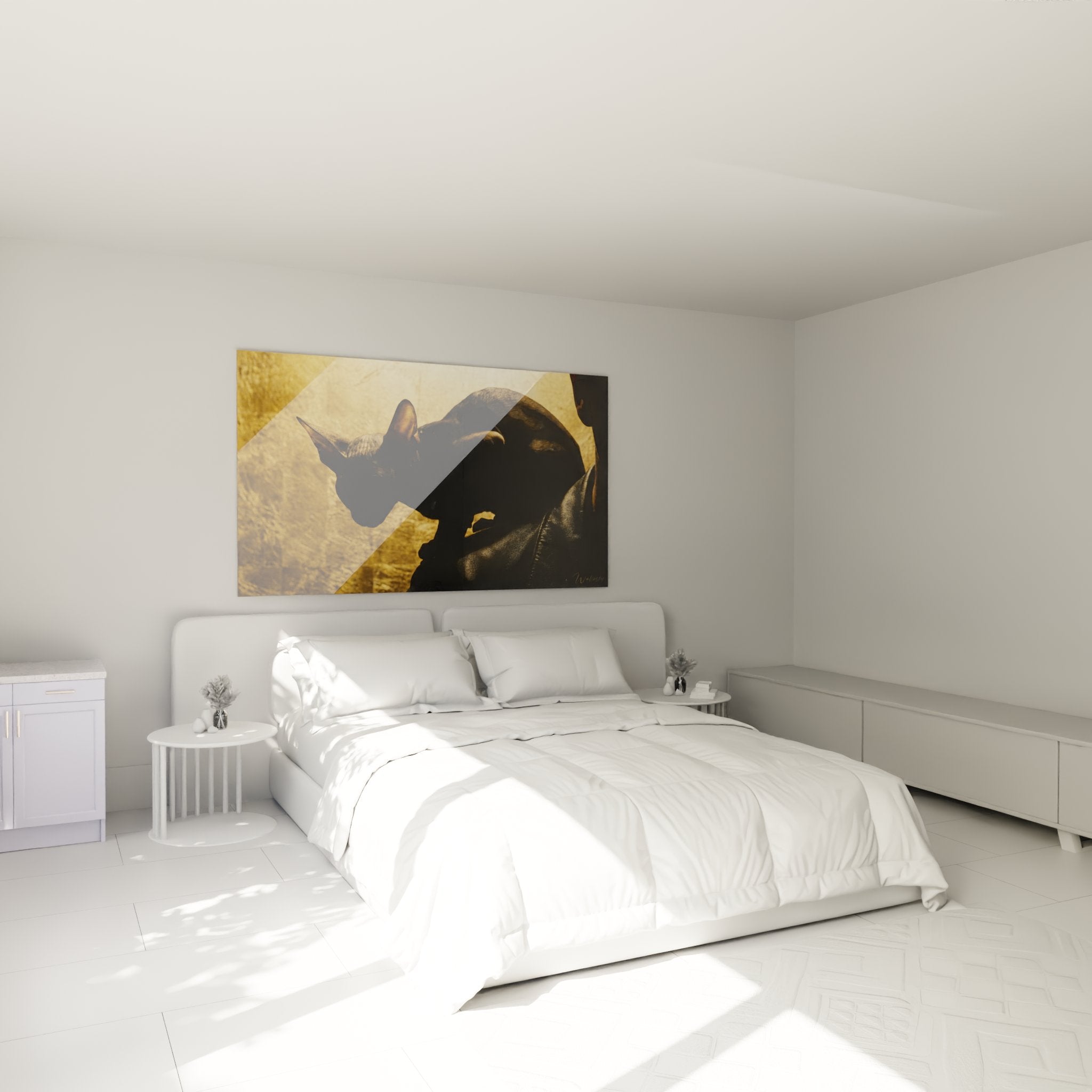 Schlafzimmer Dekoration Gemälde Cornish Rex Silhouette goldene Atmosphäre gemütlich Wandkunst Katze zeitgenössisch