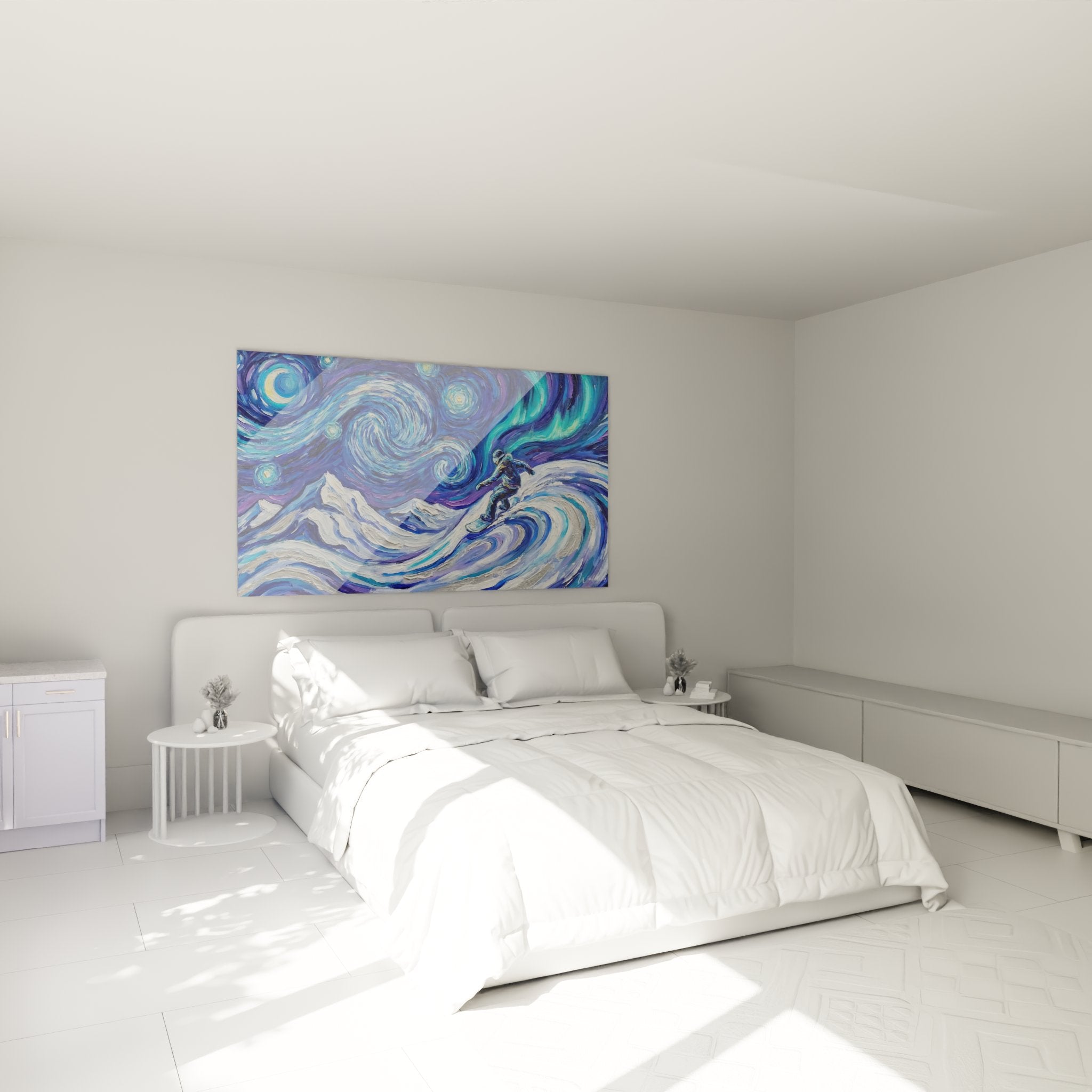 Decoration murale snowboard style nuit etoilee Van Gogh dans chambre moderne avec snowboardeur artistique