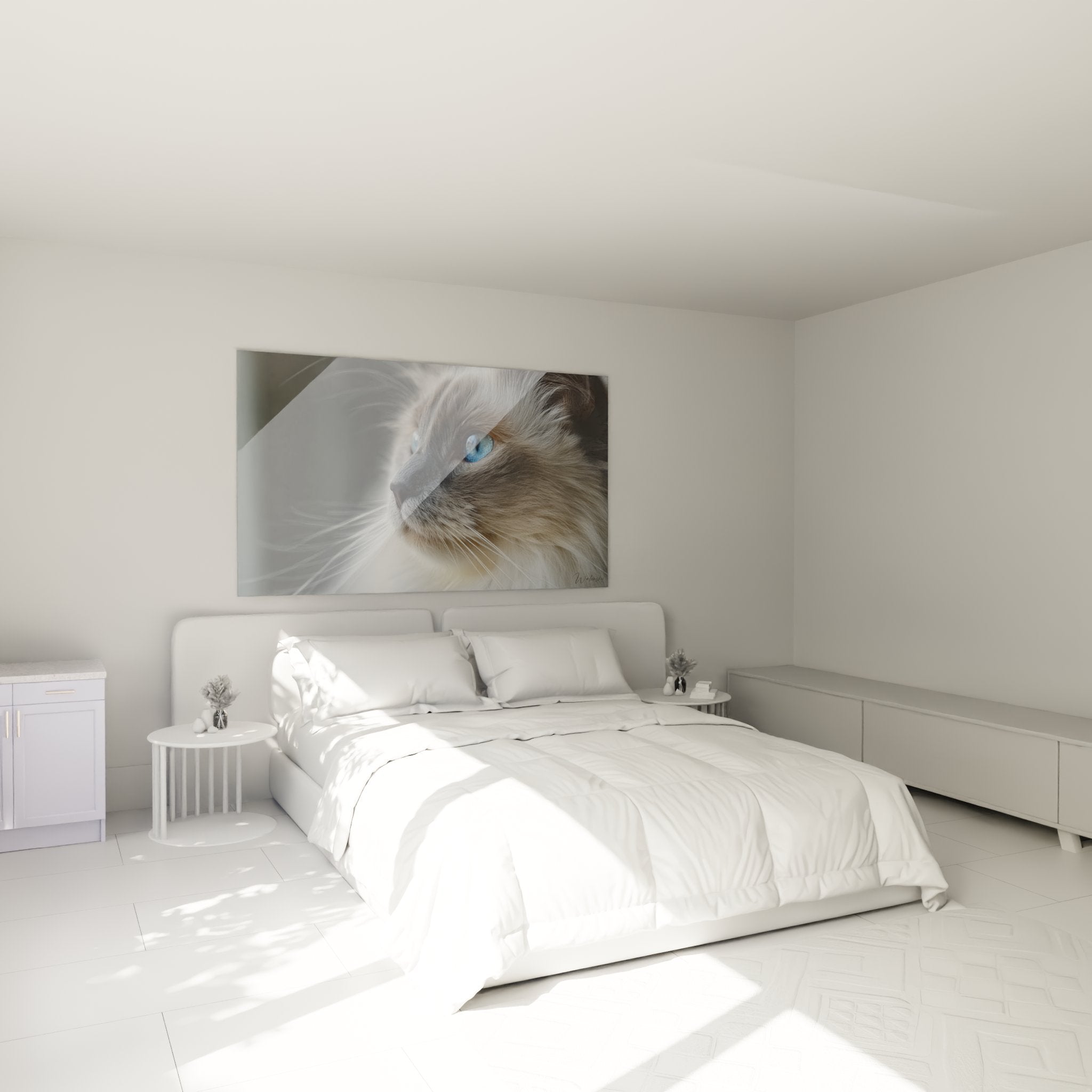 Birman cat artwork with blue eyes installed in modern bedroom, elegant wall decoration cosy and refined ambiance