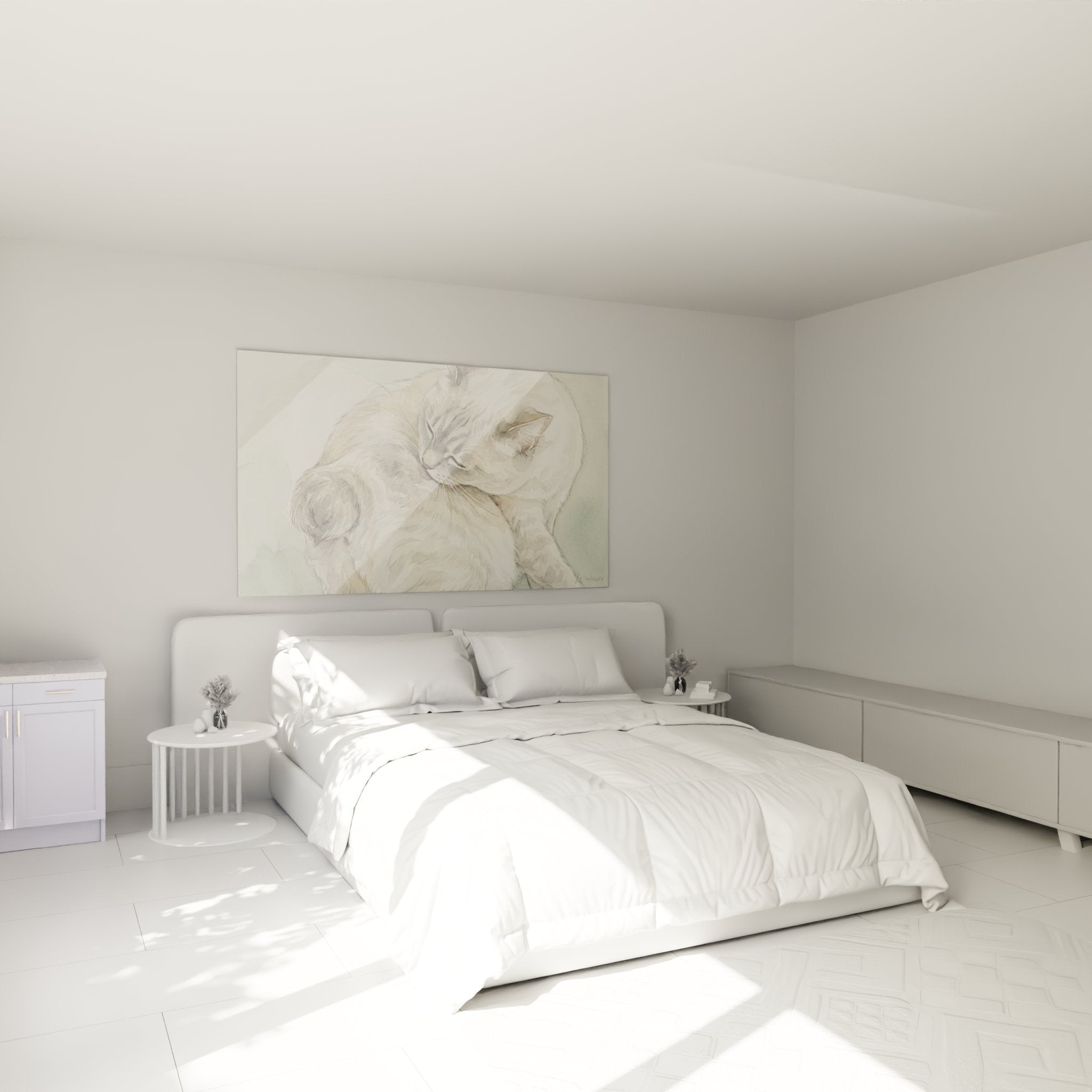 Quadro gatto Manx addormentato che decora elegantemente una camera moderna con un'atmosfera dolce e rilassante