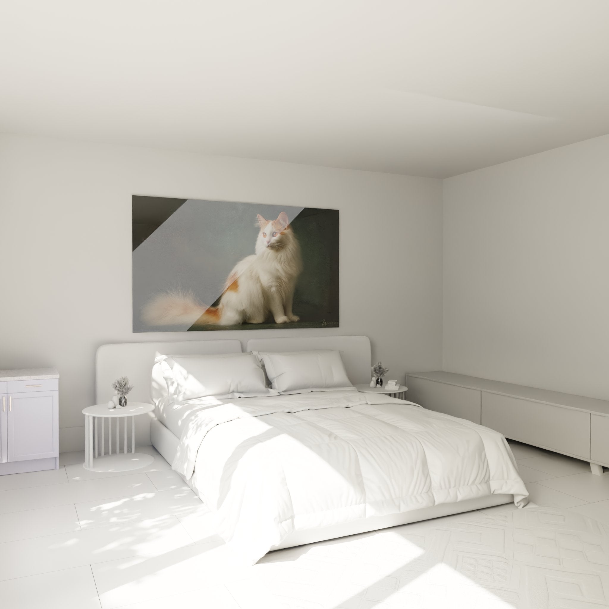 Tableau chat Turkish Van majestueux dans chambre moderne decoration murale portrait felin artistique