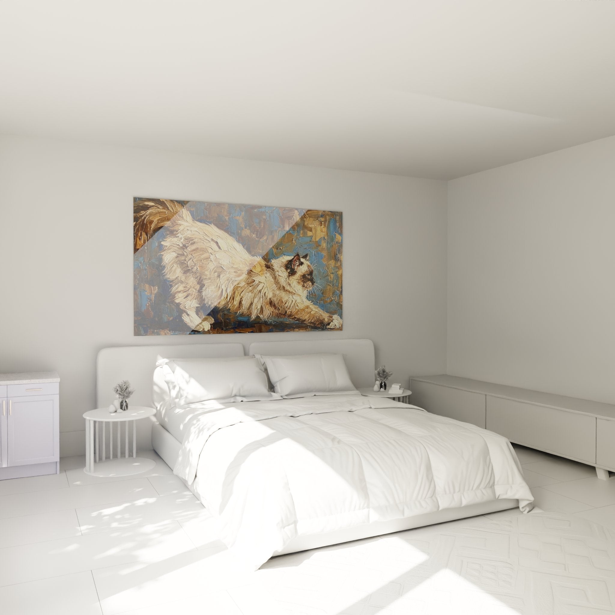 Decorazione murale camera da letto con quadro gatto Birmano, atmosfera calda e rilassante per interno accogliente