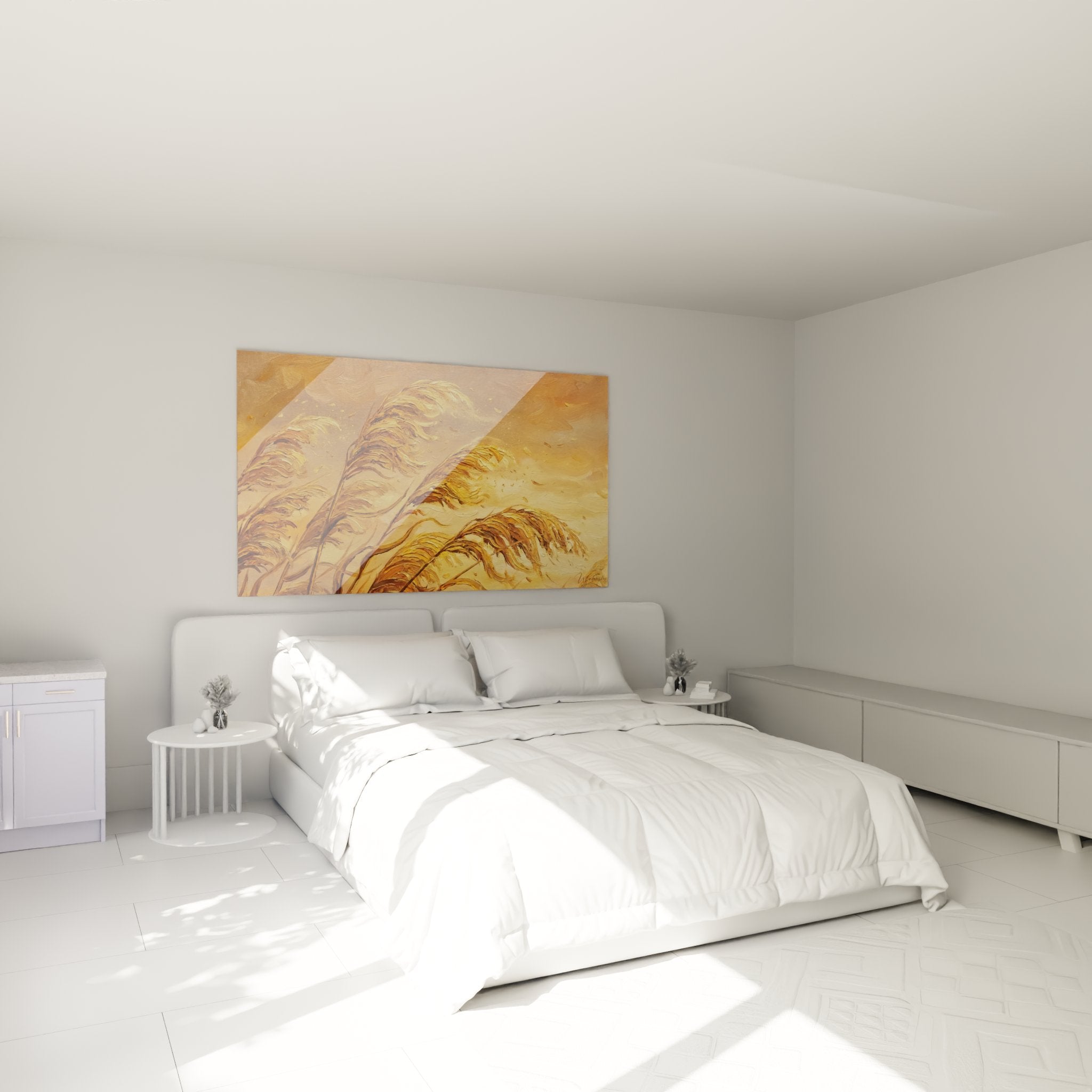 Wall decoration bedroom with golden reeds artwork, warm autumn golden tones ambiance