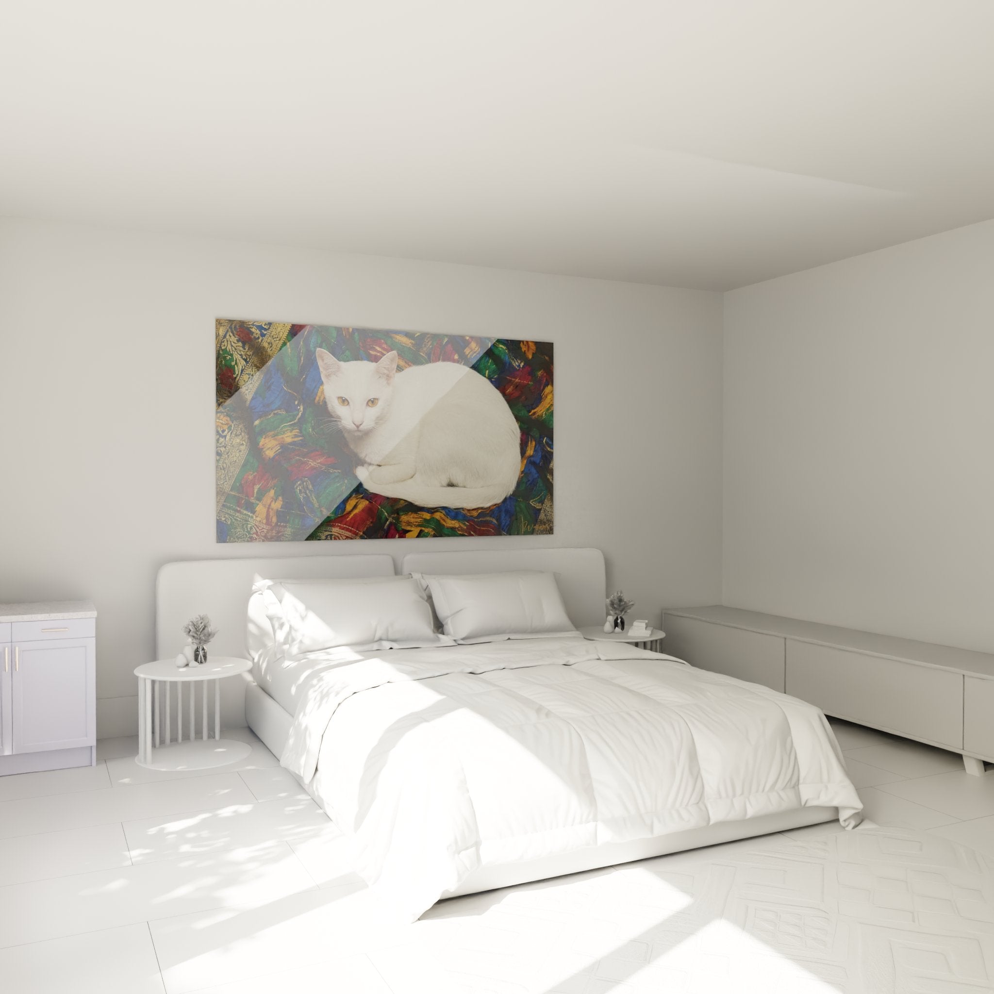 Weißes Katzen-Gemälde mit bernsteinfarbenen Augen im modernen Schlafzimmer elegante Wanddekoration Khao-Manee-Edition künstlerisch